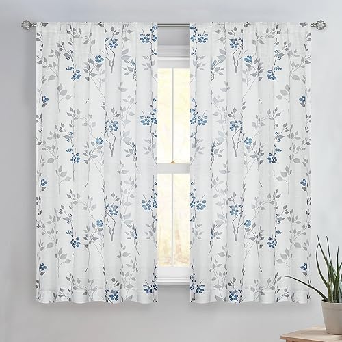 Miniatura 15 de Beauoop cortinas de lino floral semitransparentes de 84 pulgadas de largo, 2 paneles para dormitorio y sala de estar, azul marino, con diseño