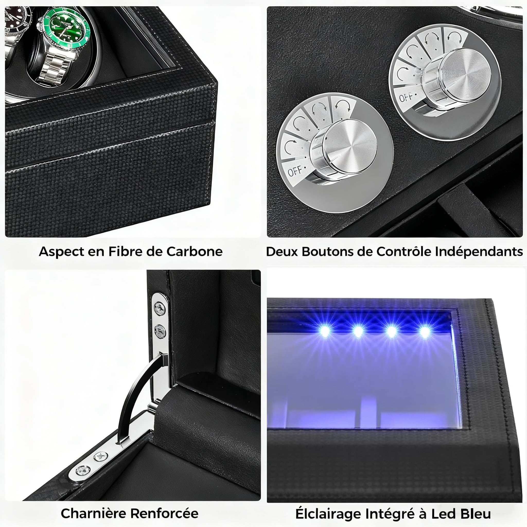 ANWBROAD Remontoir à Montre Ecrins pour Montres Automatiques pour 4 +6 Boîte à Remontoir de Rangement Supersilencieux Luxueux Watch Winder LED Légère 4 Modes de Rotation (Fibre de carbone)