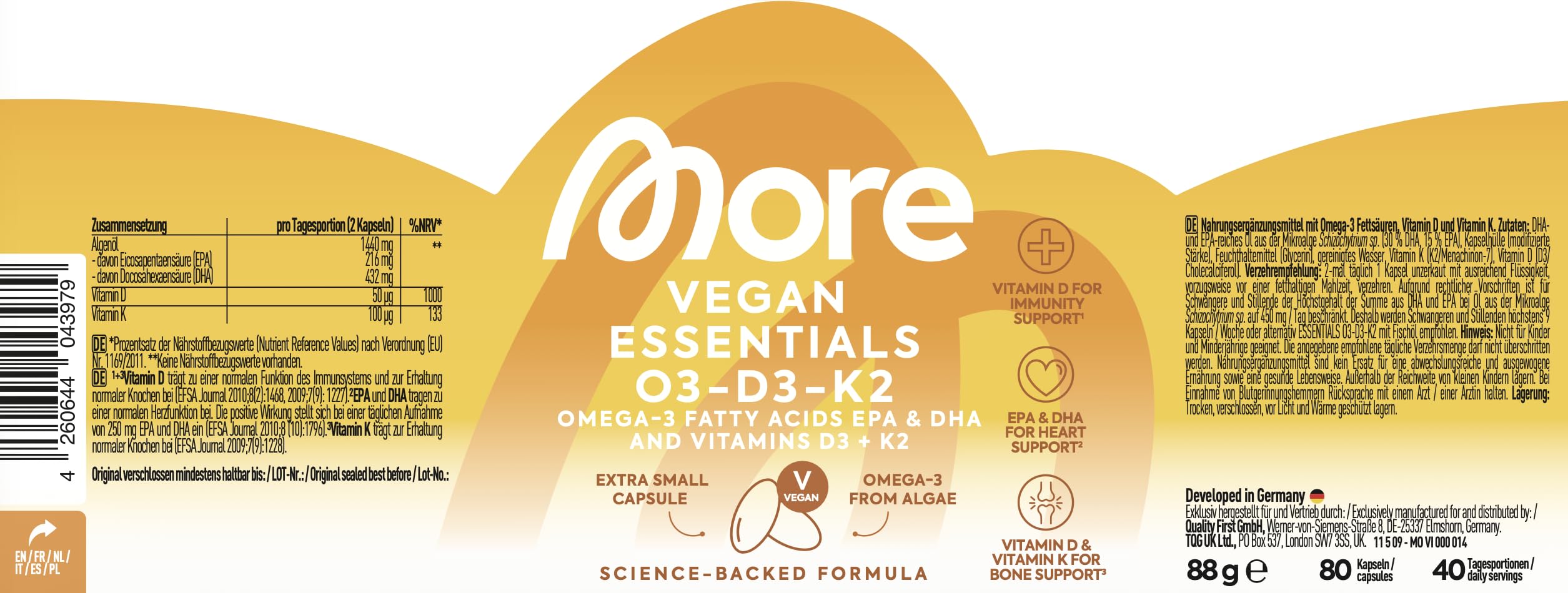 MORE Vegan Essentials O3-D3-K2, 80 Kapseln | Veganes Omega 3 aus Algenöl, mit Vitamin D3 & Vitamin K2, Kapselhülle aus Stärke (Design kann variieren)