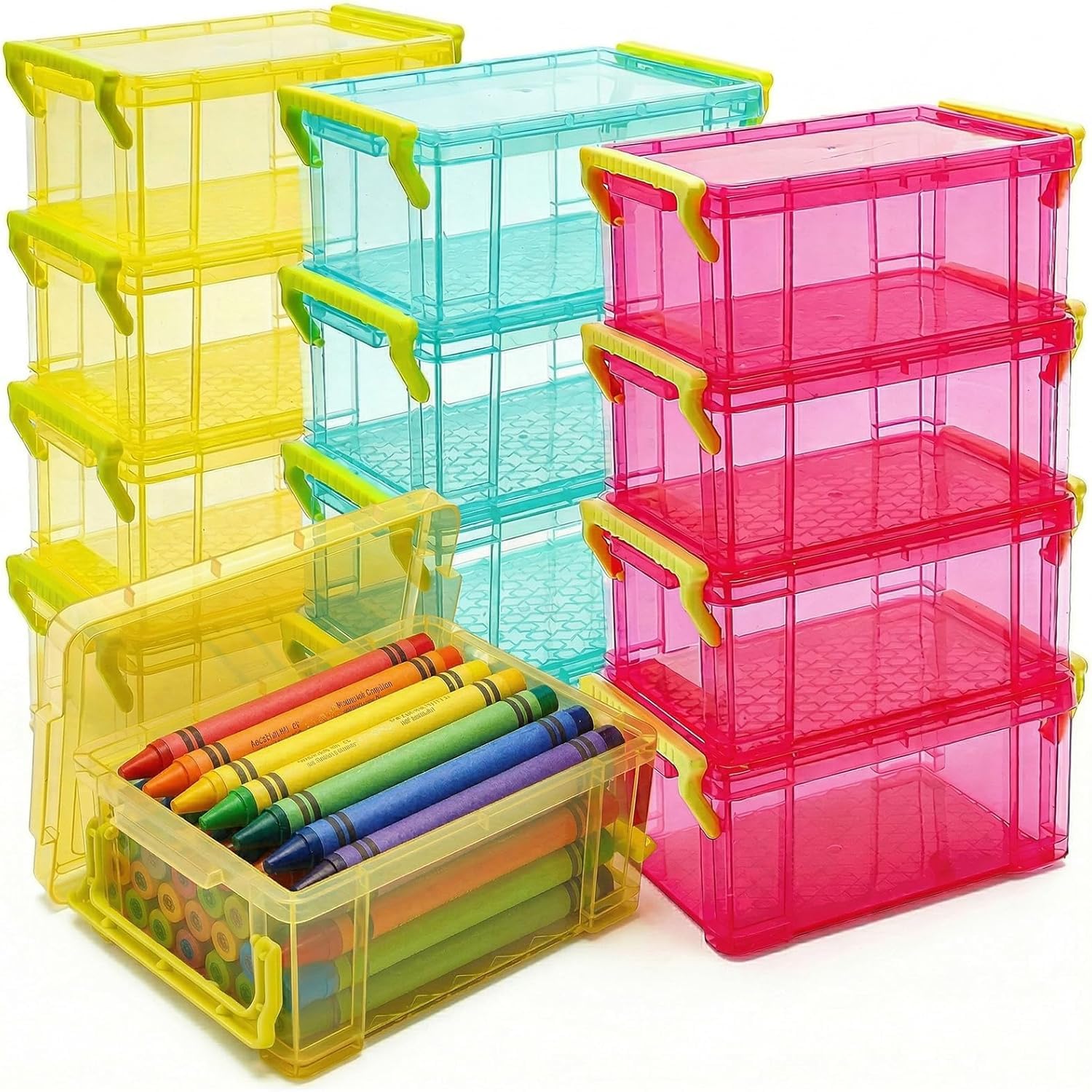 WUWEOT 12 Pack Stackable Small Storage Containers with Latching Lids, 13.2 x 10 x 6 cm Clear Plastic Craft Organizer Boxes Bulk for Crayons, Pencils, Art, Craft, Hobby, School Supply
