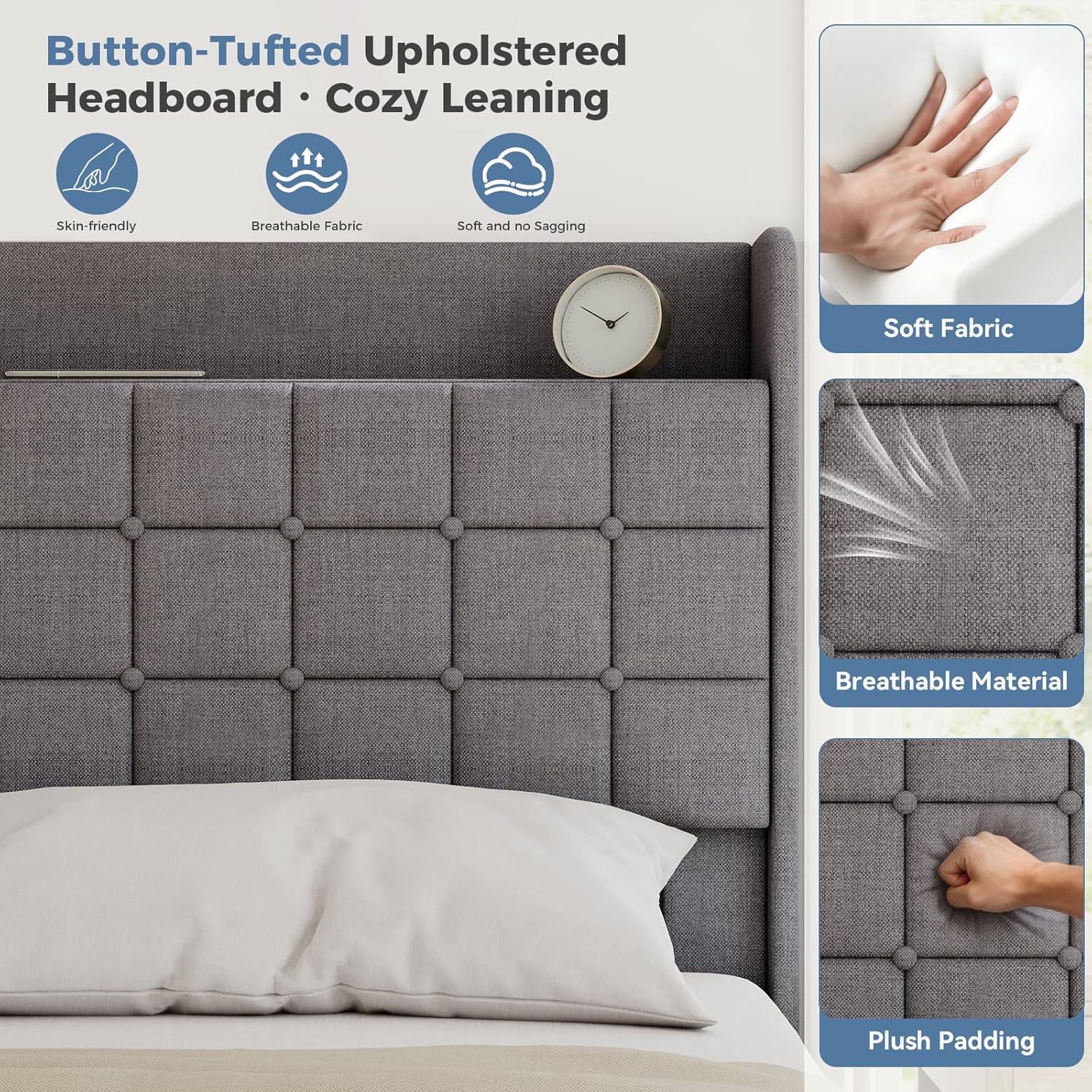 Queen Size Upholstered Bed Frame with Storage Drawers, Platform Bed with Fabric Headboard, Wooden Slats Support, No Box Spring Needed, Easy Assembly, Gray