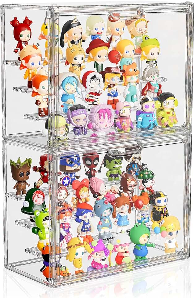 Clear Acrylic Display Case for Collectibles 4 Layer Hobby Figure Display Case Box with Shelves Stackable Figurine Display Boxes for Funko Pop Mart Labubu Model, 2 Pack