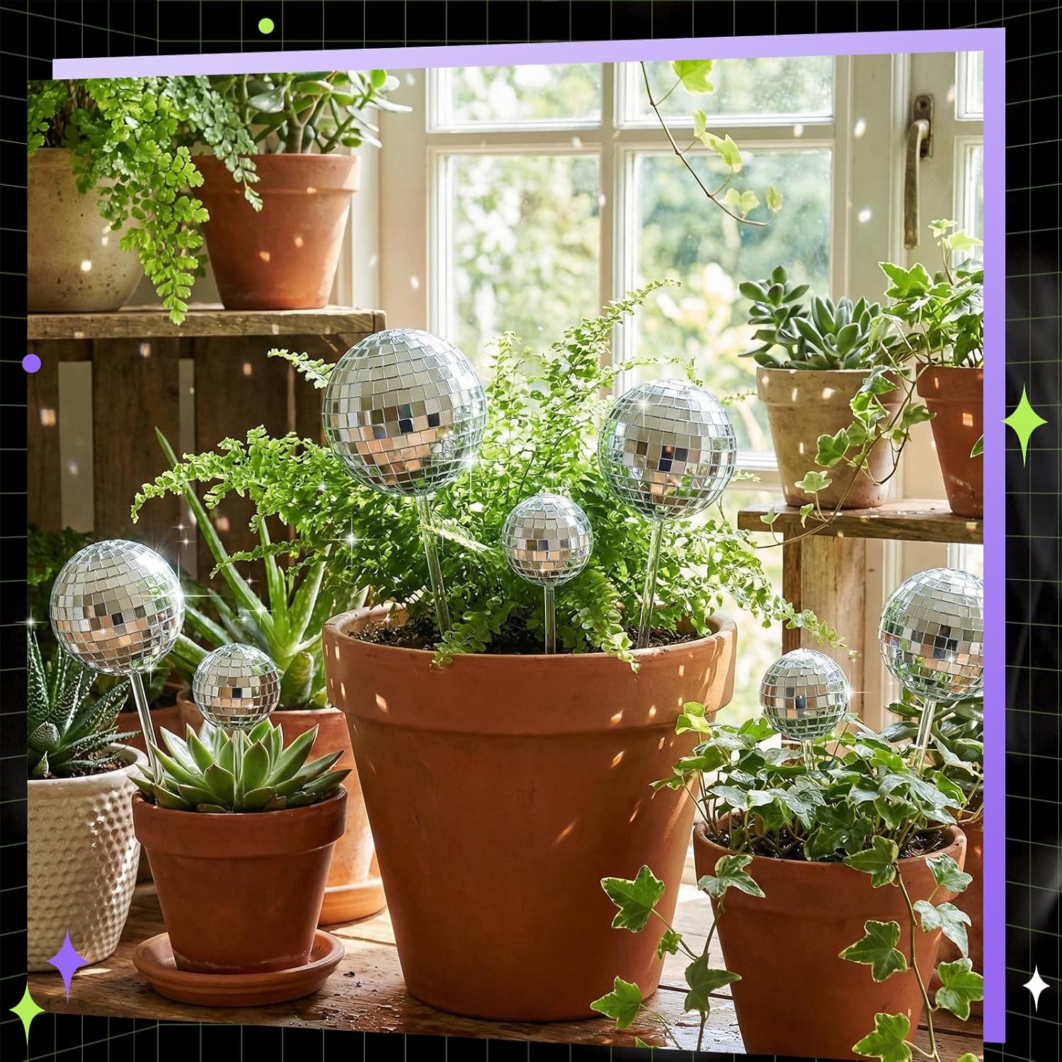 AceOrbit 9pcs Disco Ball Picks – Sun Catcher Mirror Ornaments with 3 Sizes for Floral Arrangements, Retro Silver Reflective 70s Decor, Home Decor, &Party Centerpieces