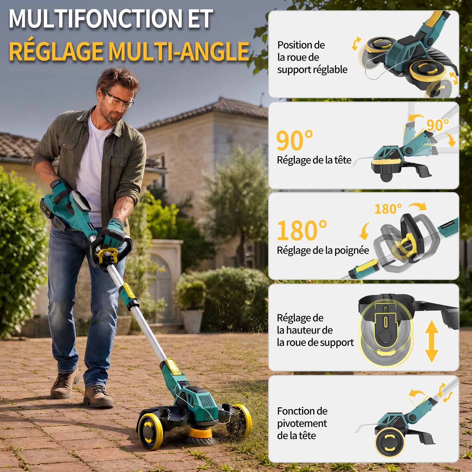 Coupe-Herbe sans Fil 21V, Compatible avec Batteries Makita, Débroussailleuse avec Brosse de désherbage, 2 Batteries 4.0Ah incluses, Moteur sans balais 900W pour pelouse, Jardin, Cour (Bleu)