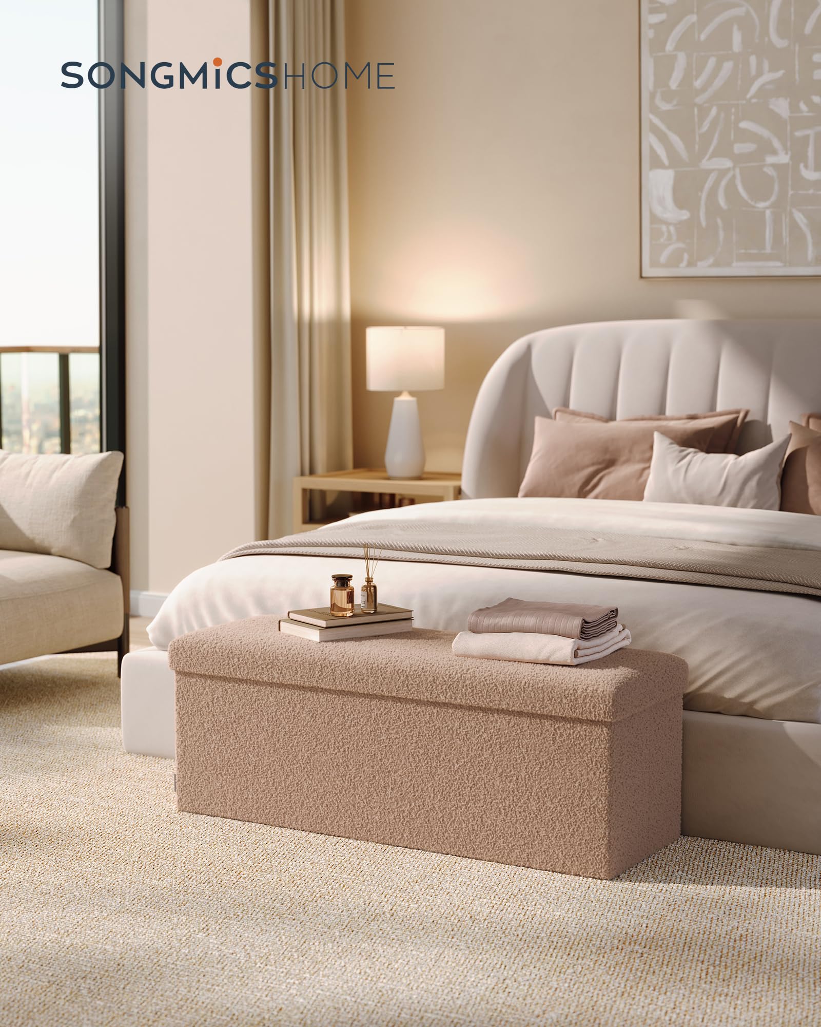 SONGMICS Cassapanca, Pouf Contenitore, Sgabello Poggiapiedi Pieghevole 38 x 110 x 38 cm, Regge fino a 300 kg, per Soggiorno, Camera da Letto, Ingresso, Marrone Cammello LSF097K01V1