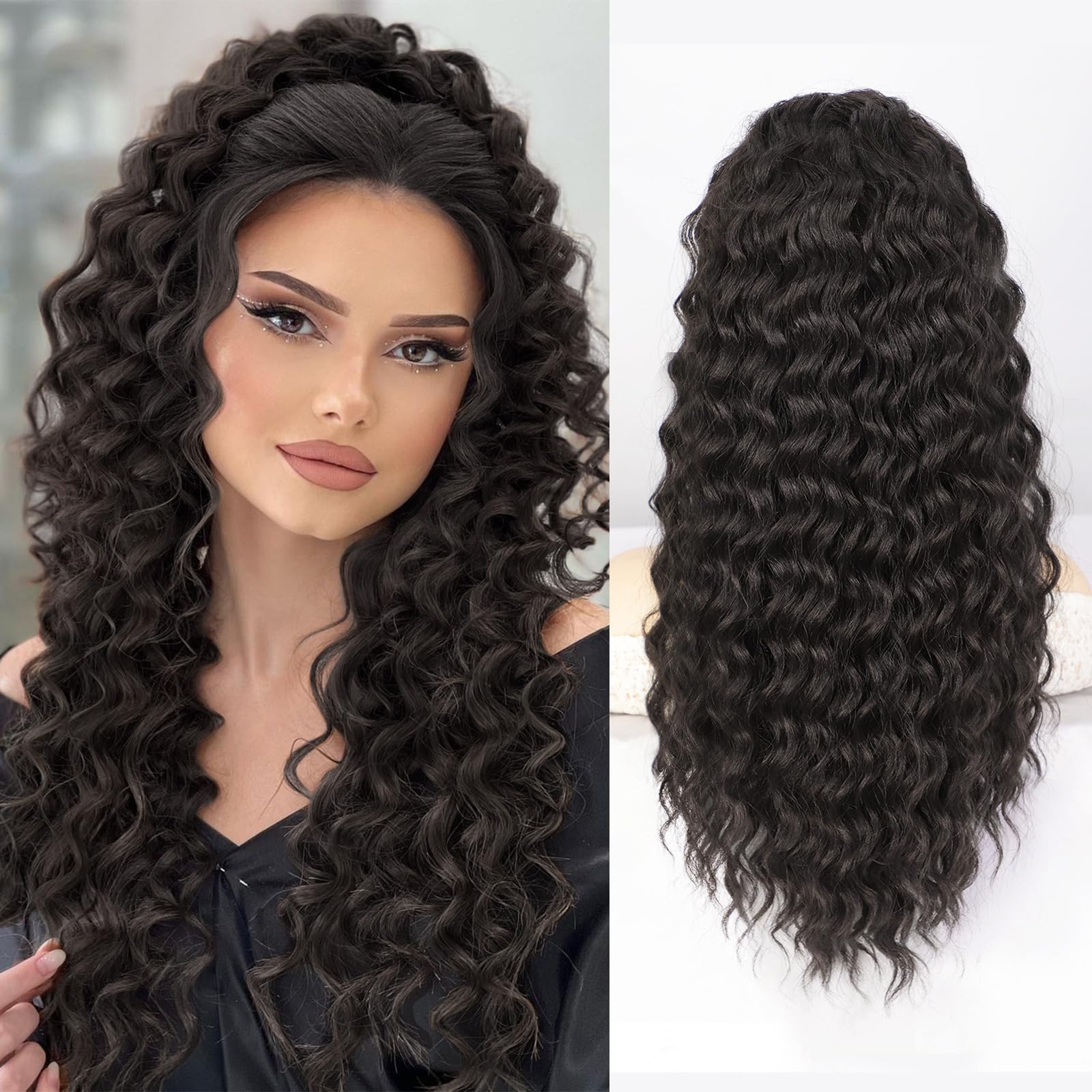 QGZ Curly Ponytail Extension Drawstring Ponytail for Black Women 22 Inch Synthetic Long Curly Wavy Clip in Pony Tails Hair Extensions for Daily Use(Black Brown)