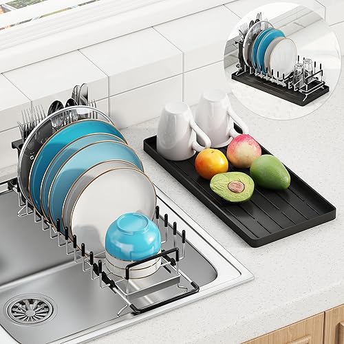 Miniatura 7 de ANTOPY Escurridor de platos pequeño  Escurridor compacto para encimera de cocina con tapete de secado de platos de silicona, escurridor de platos de