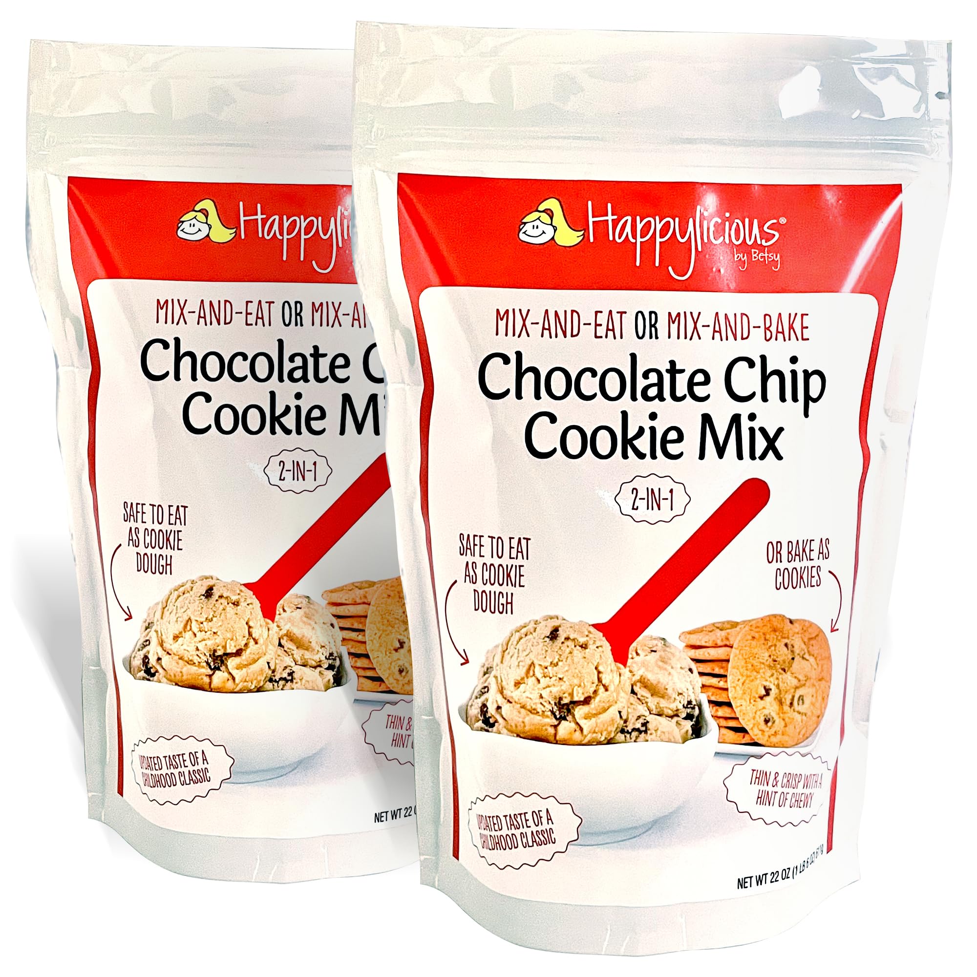 HAPPYLICIOUS | 2-N-1 Gourmet Chocolate Chip Cookie Mix: Bake 56 Decadent Cookies OR Safely Eat Raw Cookie Dough | Finest Ingredients Non-GMO Sugar, Belgian Chocolate Chips, Heat Treated Flour | 2 PACK