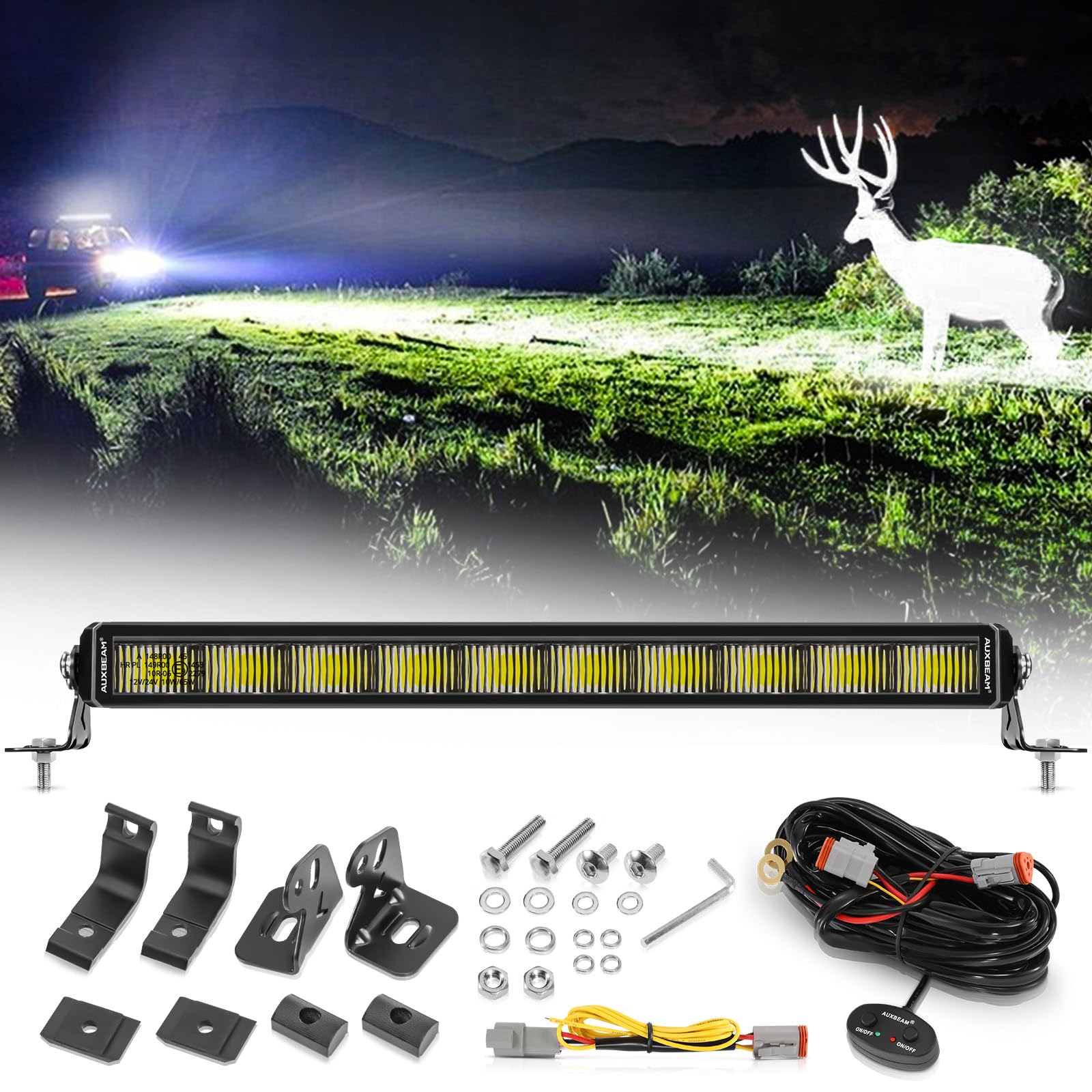 Auxbeam 22 Inch Single Row LED Light Bar White Amber Offroad DRL Driving Lights with Side&Bottom Bracket DT Plug Adapter Wiring Harness 1 Leads