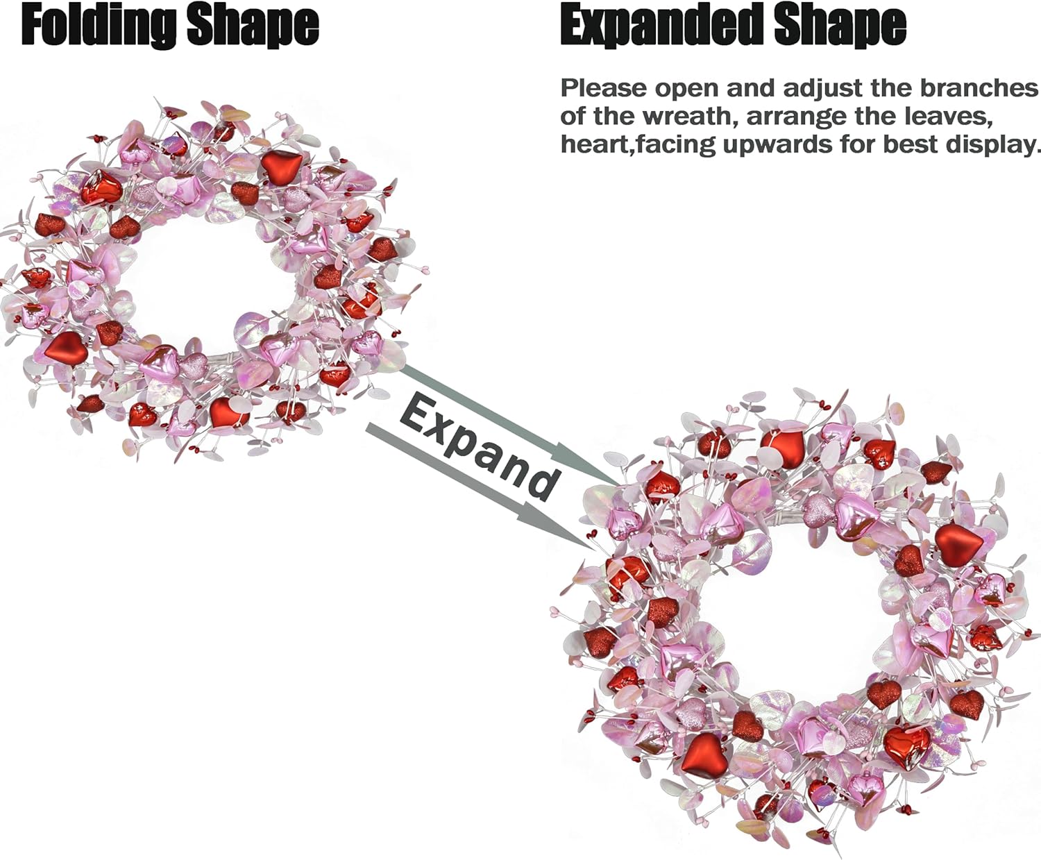 Valentine's Day Wreath for Front Door Valentine Wreath with Pink Eucalyptus Leaves,Pink and red Hearts for Indoor Outdoor Wedding Anniversary Party Home Wall Window Festival Decoration - Image 7