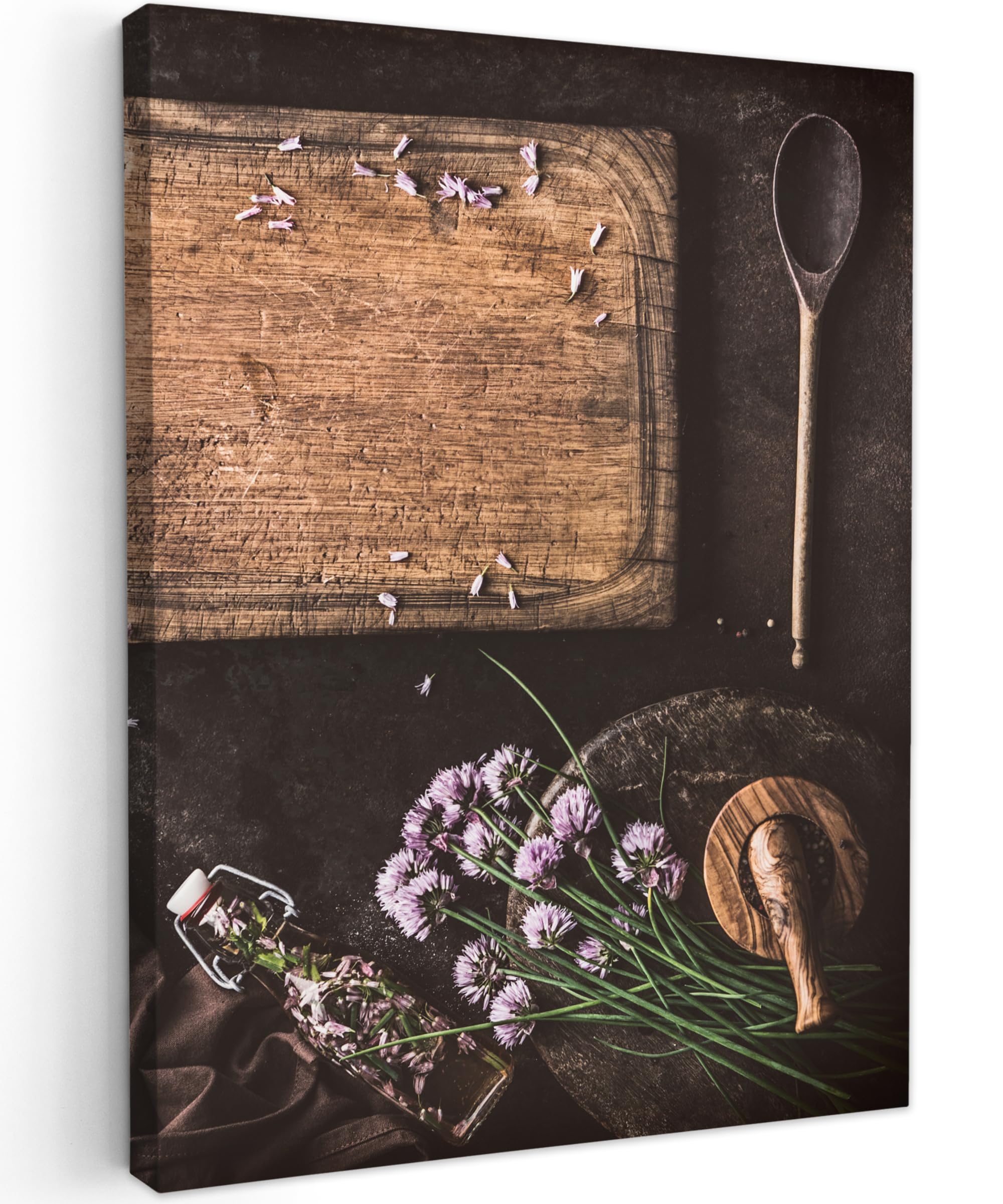 MuchoWow© Wandbilder 60x80 cm Schlafzimmer Home Deko Wohnung Bild Wohnzimmer Fotoleinwand Wand Bilder Leinwand Wall Decor Küche - Schneidebrett - Kräuter - Löffel - Mörser - Schnittlauch