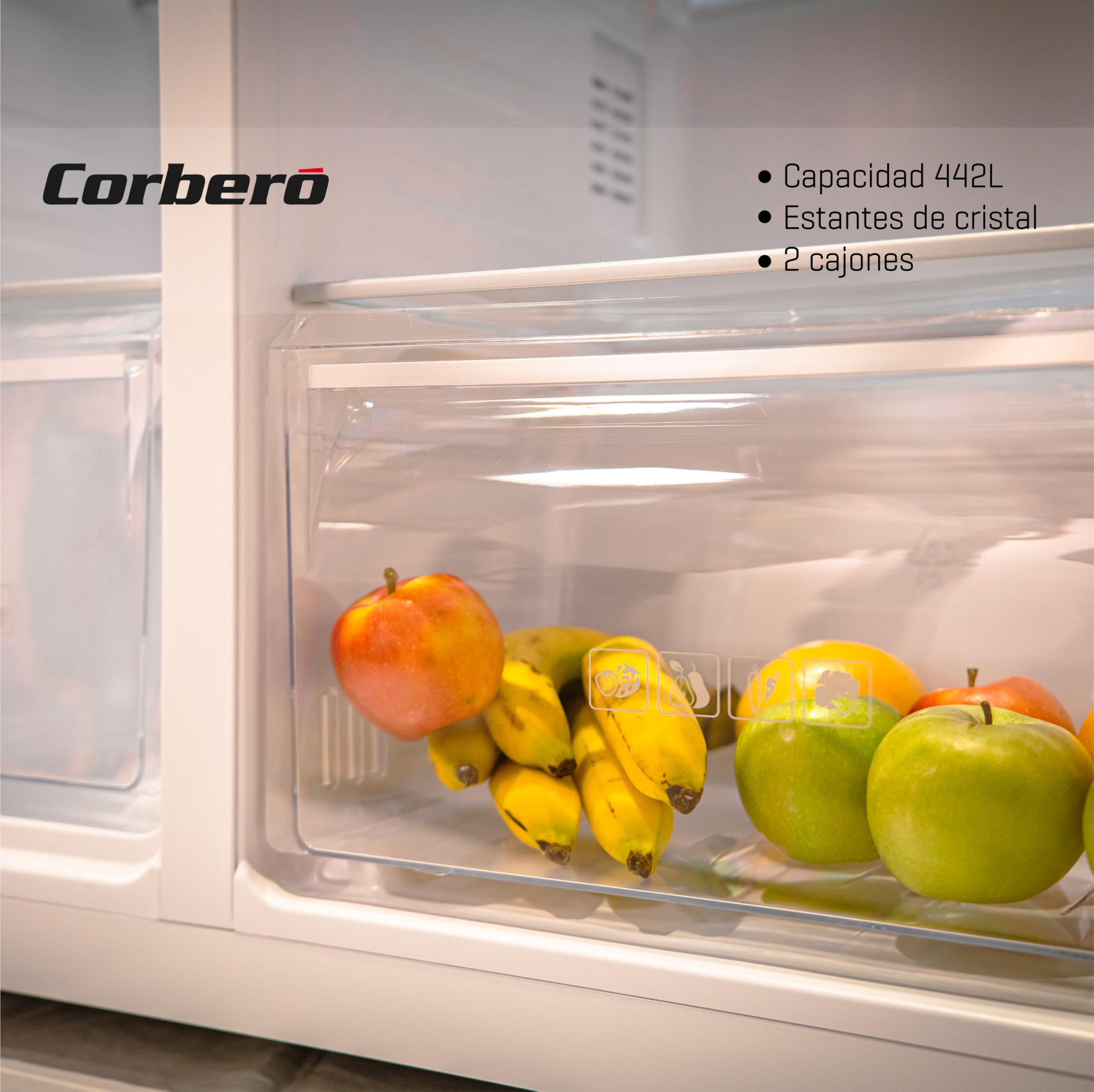 Corberó - Amerykańska lodówka | CFSBSH634NFX | 442L | 186 cm | No Frost | Inwerter | Wyświetlacz | Światło LED | 2 szuflady | Funkcja ECO | Półki szklane | Srebro Trim | Inox