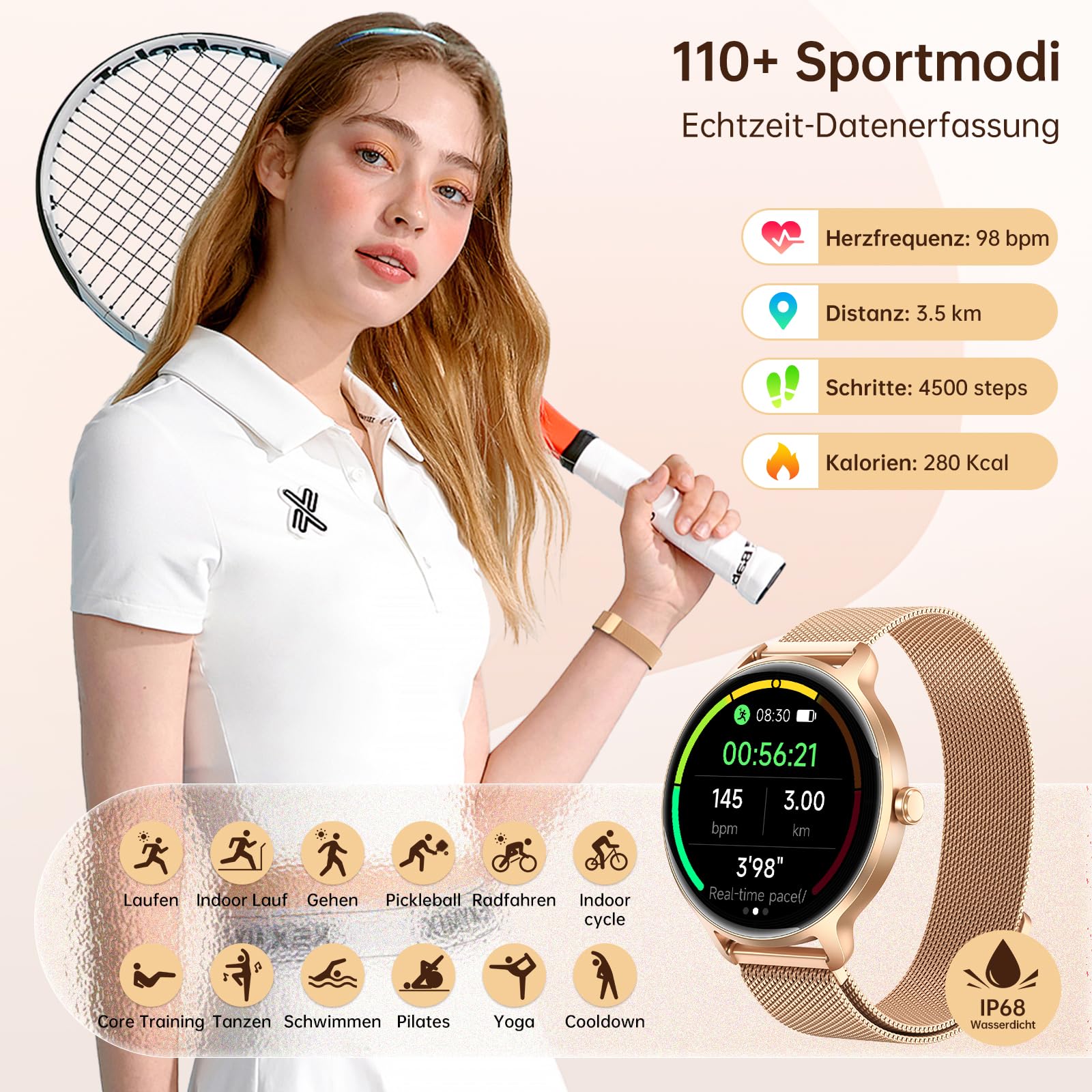 Smartwatch Damen Rund 1.27" AMOLED Smart Watch mit Telefonfunktion Fitnessuhr Pulsuhr SpO2 Schlafmonitor Schrittzähler 120+ Sportmodi IP68 Wasserdicht für iOS Android