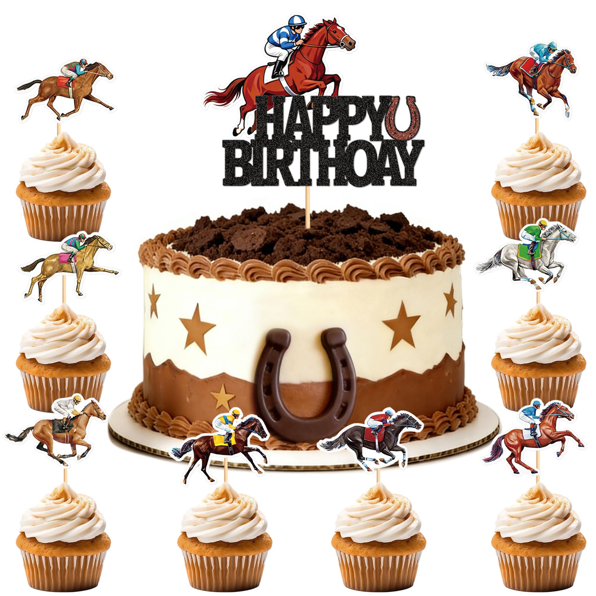 Blumomon 25Pcs Horse Racing Cake Toppers Cupcake Toppers & Cupcake Picks for Royal Ascot, Cheltenham Festival & Grand National Horse Racing Theme Cake Decorations