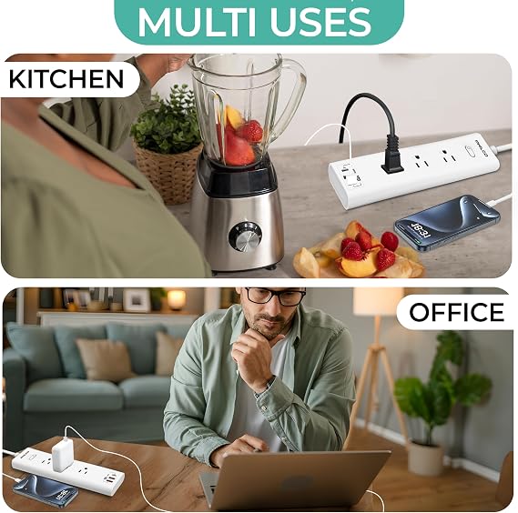 Power Strip with 3 AC Outlets, 30W USB-C Port, 2 USB-A Ports & 6ft Extension Cord LED Indicator, Fast Charging for Laptops, Phones & More Compact Design for Home, Office & Travel