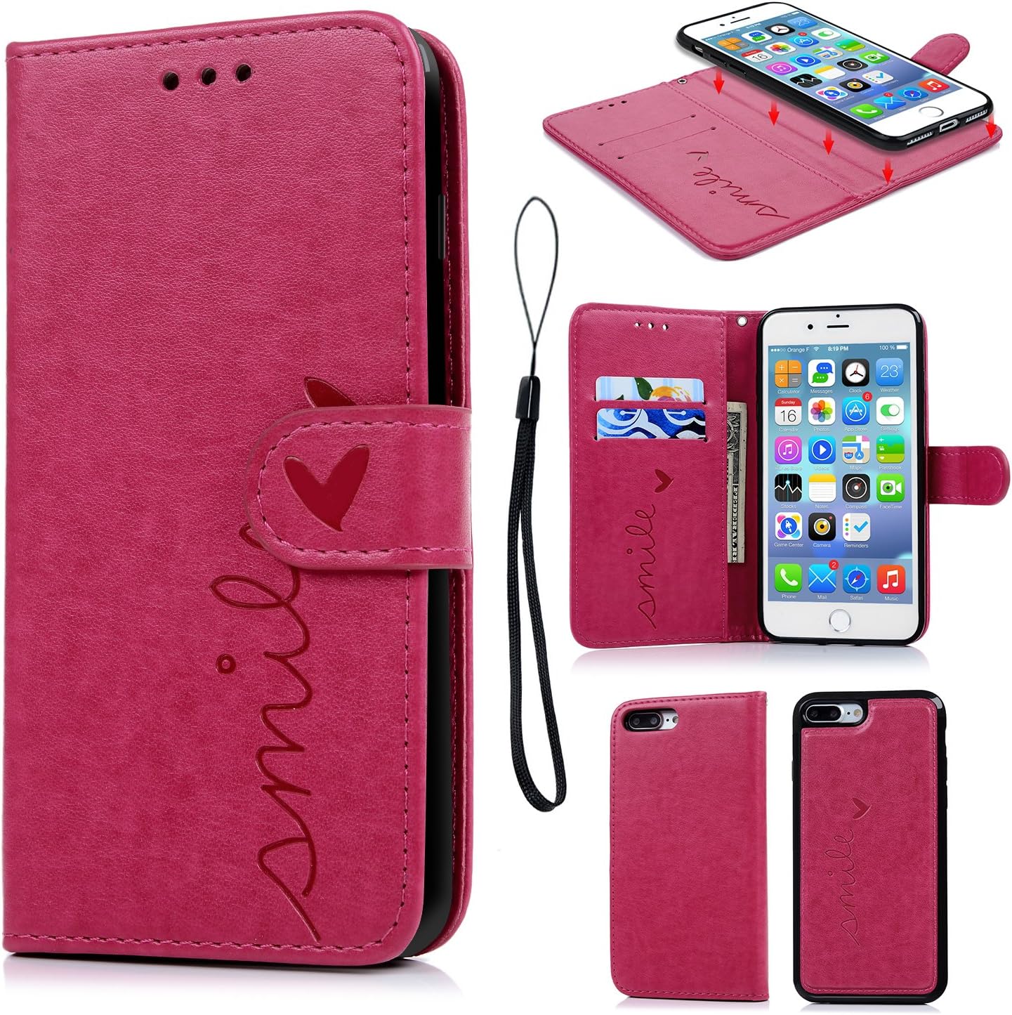 Compatible with iPhone 8 Plus Case, iPhone 7 Plus Wallet Case Embossed Love PU Leather Case TPU Shock Bumper Magnetic Detachable Card Slots Hand Strap Cover for iPhone 7 Plus & iPhone 8 Plus