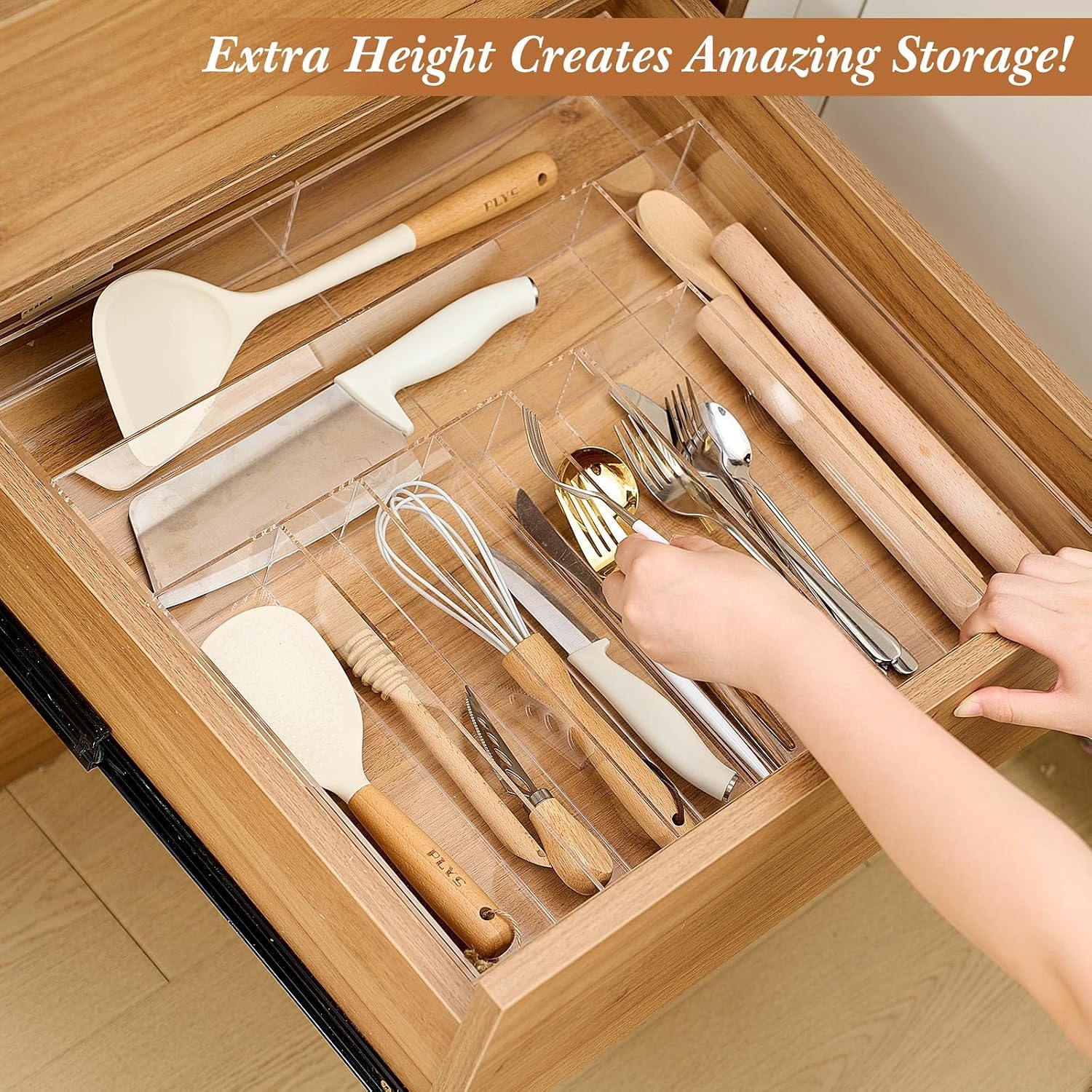 Teenyyou 1 Pack Expandable Kitchen Drawer Organizer Clear Acrylic Utensil Organizer Adjustable Acrylic Silverware Storage for Drawers Silverware Flatware Knives (18.5 x 17.4 Inches,9-11 Compartments)