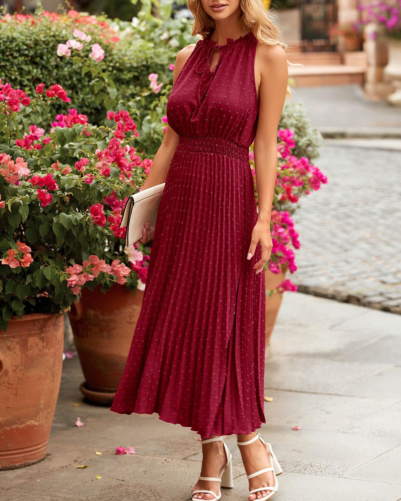 Vestidos Verano Mujer Sin Mangas Vestido Largo Cuello en V Elegante Dress Volante de Lunares Suizos Elástica Cintura Alta Casual