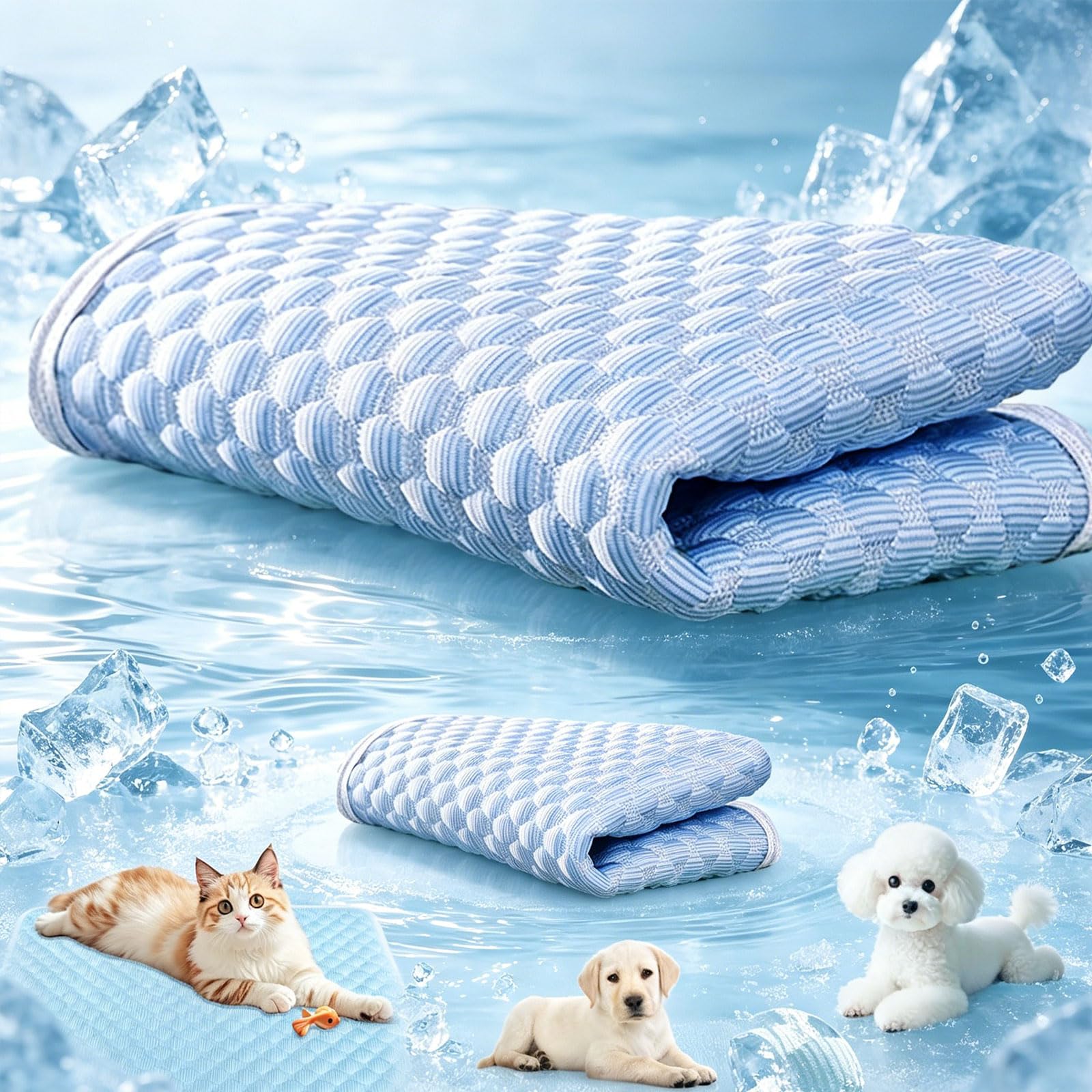 Dog Cooling Mat - Anti Chew Dogs Door Mats, Pet Cooling Pad, Reusable Self Cool Ice Silk Pad Summer Dogs Ice Pad Pet Supplies, Keep Pets Cool in Crate Summer Indoor Outdoor Travel (Blue, 30x40cm)