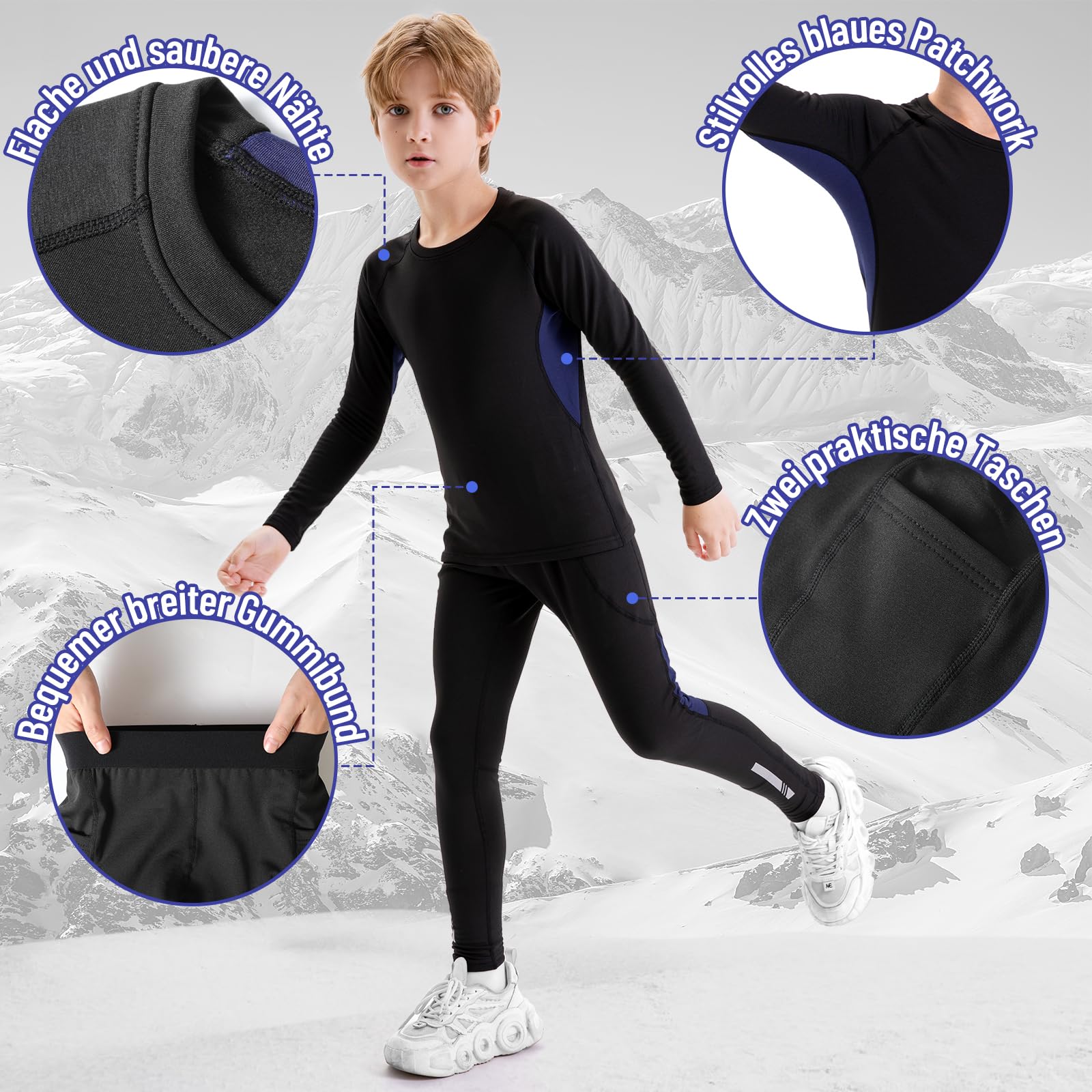 Set di primo strato termico per bambini, in caldo pile, con 2 tasche, ad asciugatura rapida, traspirante, a maniche lunghe, per sci e sport
