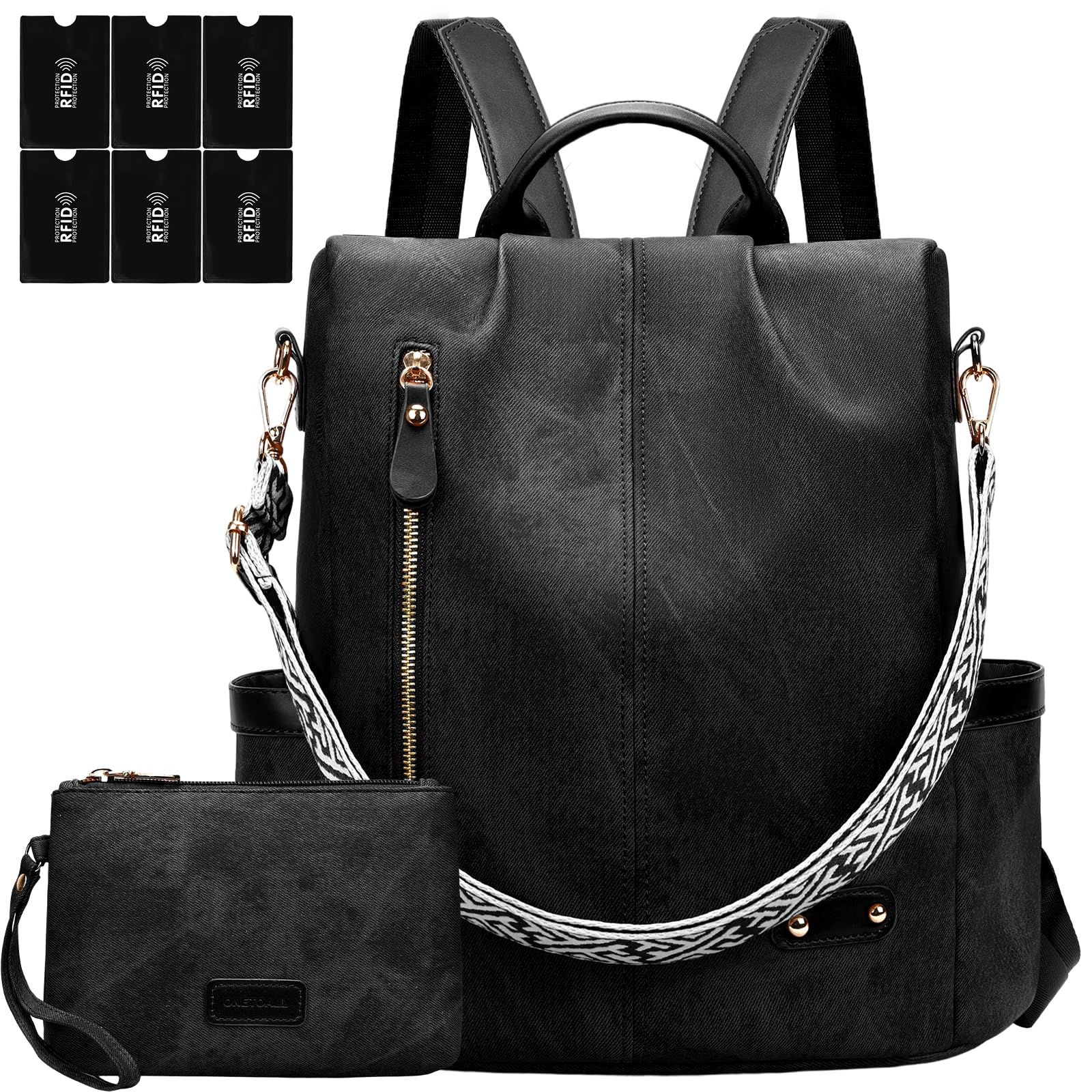 ONETOALL Rucksack Damen Klein Diebstahlsicher mit 6 RFID Blocker Schutzhüllen, Cityrucksack Damen Elegant, Damenrucksack Handtasche Modern, für Städtetrip Alltag Unterwegs Schwarz Danim Leder