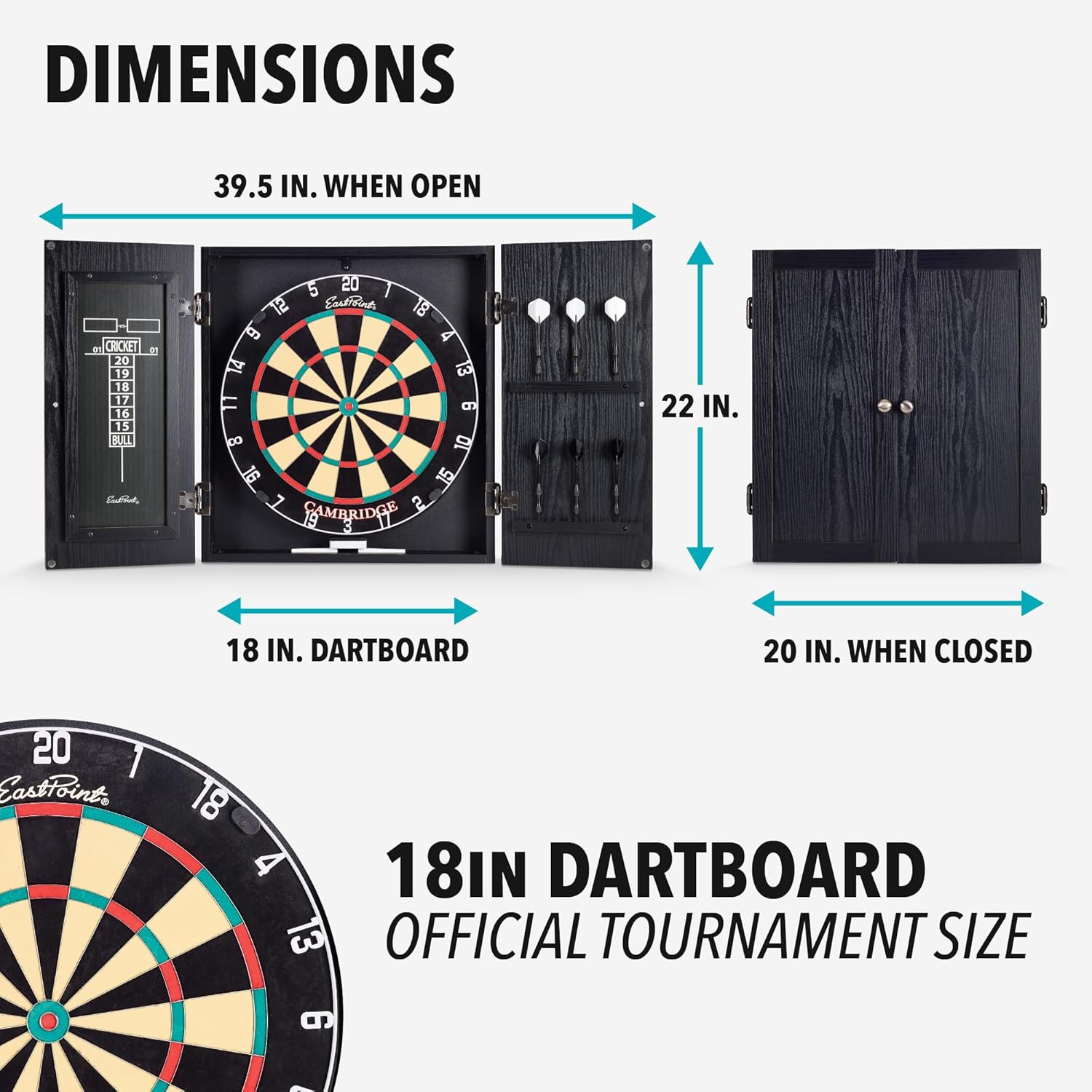 EastPoint Sports Official Size Dart Board Cabinet Set- Easy-Assembly & Complete with 6 Deluxe Steel Tip Darts and Accessories -Premium Darts Set with Scoreboard for Bar Games & Indoor Games