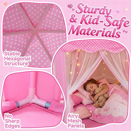 Miniatura 4 de wilwolfer Tienda de campaña tipo castillo de princesa para niñas, tienda de campaña hexagonal grande para jugar, casa de juegos con luces