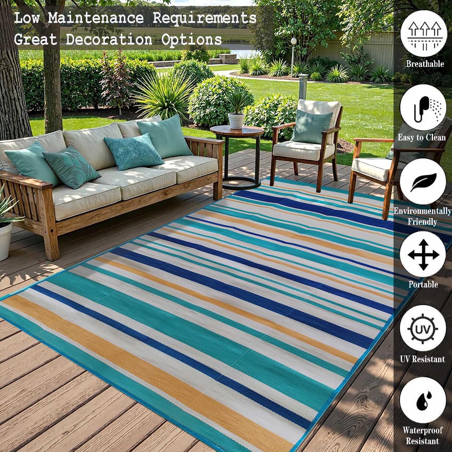 Dywany Balkonowe 150x240cm Niebieski Paskowy Odwracalny Dywan Patio Zewnętrzny Wodoodporny Plastikowy Dywan Słomowy na Zewnątrz,Pokład,Veranda,Piknik,Kemping,Ogród,RV,Podwórko,Grill,Plaża