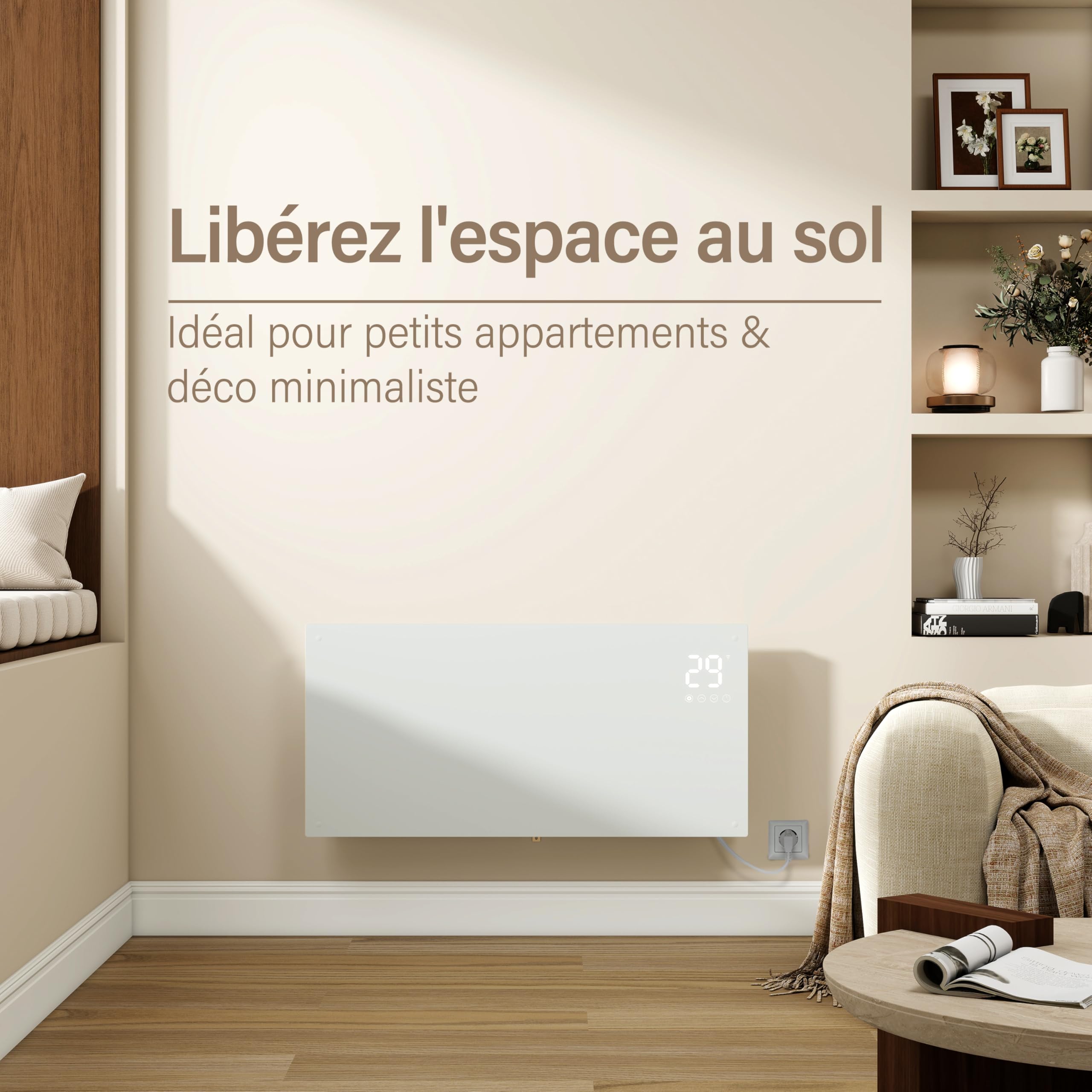 AICA Radiateur 1000W WiFi Écran tactile 2en1 Mobile/Mural Blanc | Verre trempé ultra-plat 70mm. Pilotage via app. Minuterie 24h. Montage mural ou sur pieds inclus.