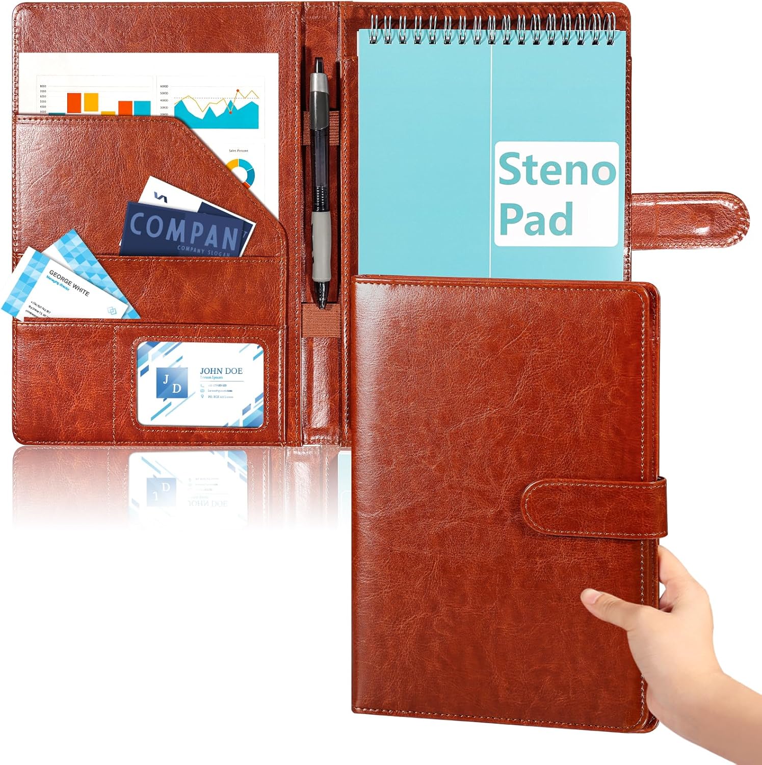 6 x 9 Inch Steno Pad Holder PU Leather Black Steno Pad Cover Business Padfolio Organizer Compatible with 6 x 9 Steno Notebook Portfolio Pocket Organizer With Pen Loop for Business