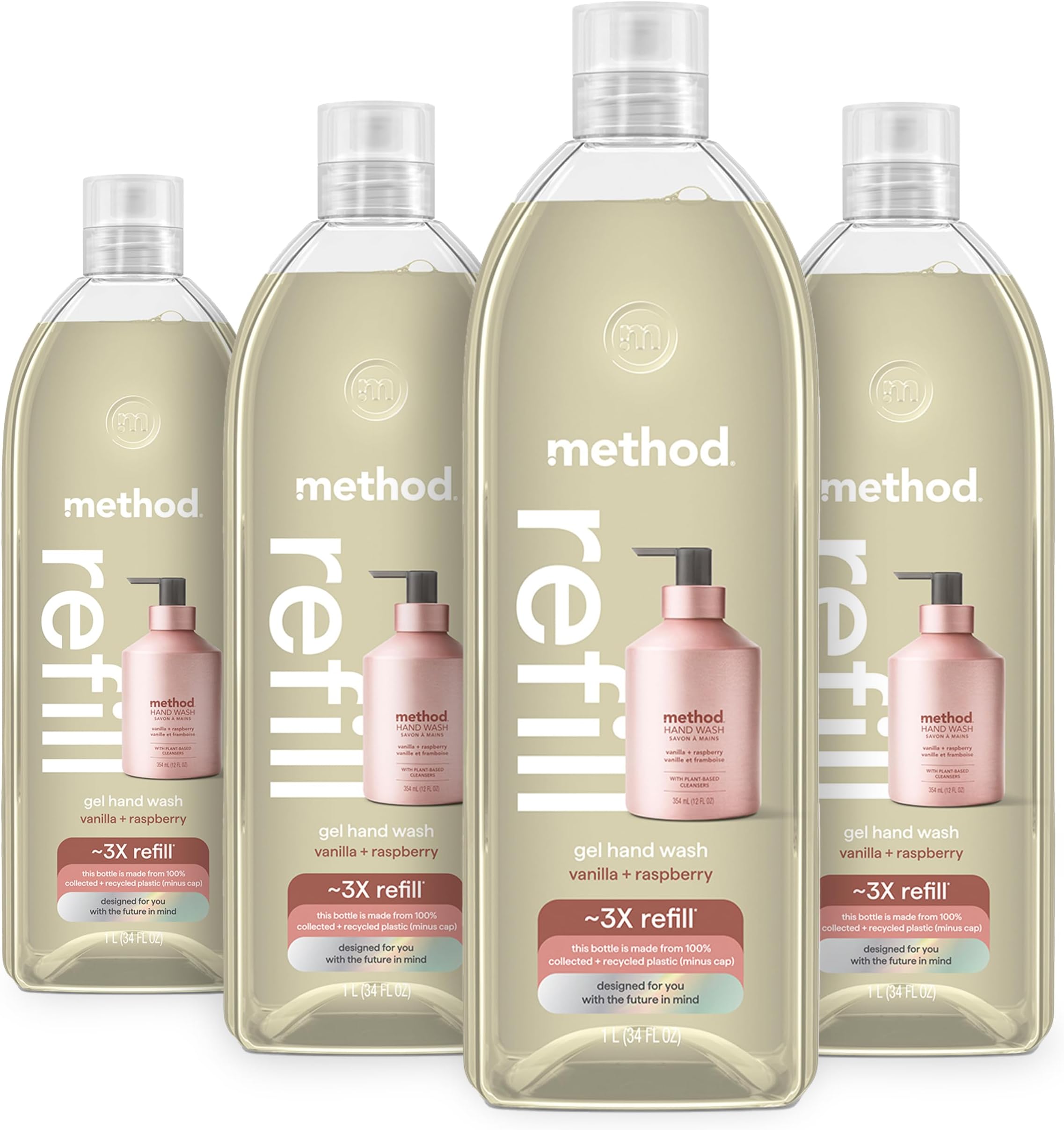 Premium Gel Hand Soap Refill, Vanilla + Raspberry, Recyclable Bottle, 34 fl oz (Pack of 4) (Packaging May Vary)