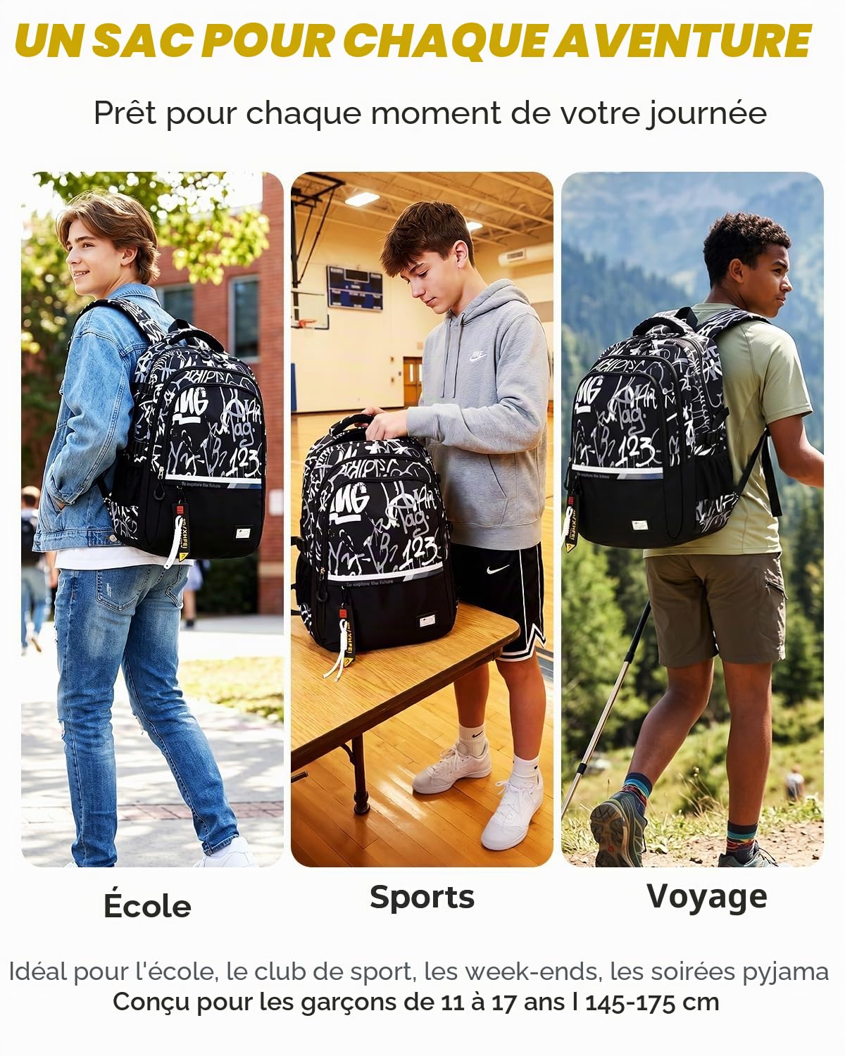 Amythe Sac à Dos pour Garçons Cartable Primaire College, Sac Ecole Tendance Léger pour les Adolescents pour 9-18ans, Sac D'école Grande Capacité Convient pour le Trolley, Noir