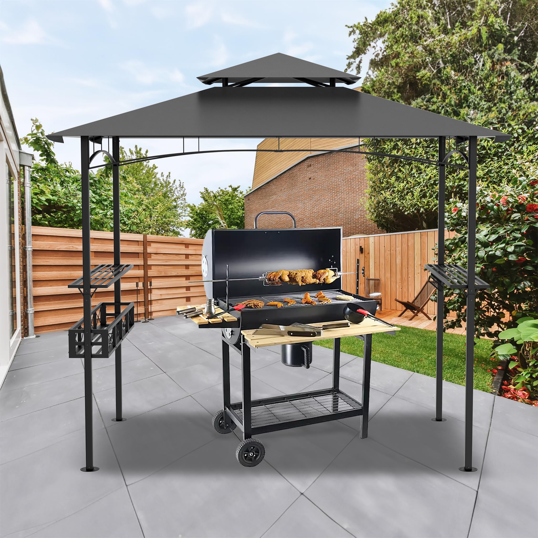 Pawilon grillowy z dwuwarstwowym dachem, 245 x 153 x 250 cm, odporny na działanie wody, ognioodporny, w zestawie kosz do przechowywania, pawilon BBQ na imprezy grillowe, do ogrodu i na taras, szary