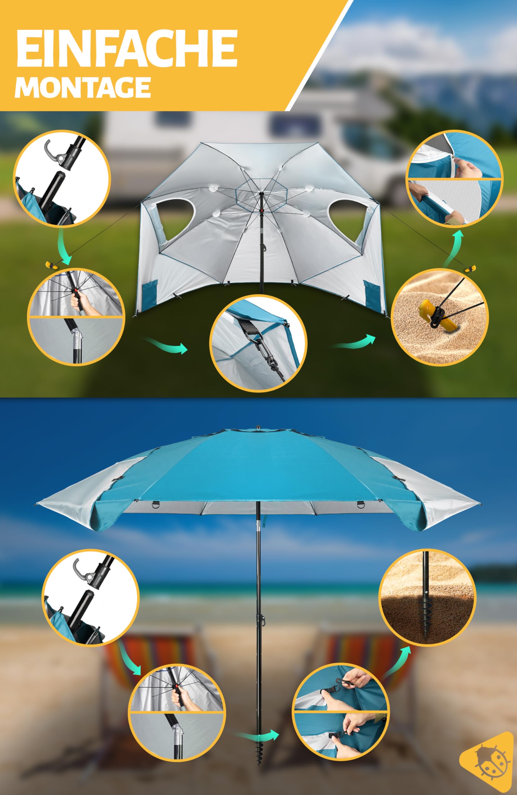 Menz Sonnenschirm Strand windfest stabil Ø 220 cm - Funktionale UPF 50+ Sonnenschirm Muschel, Strandschirm mit Seitenwand, Sonnenschutz Strand, Fb. Türkis
