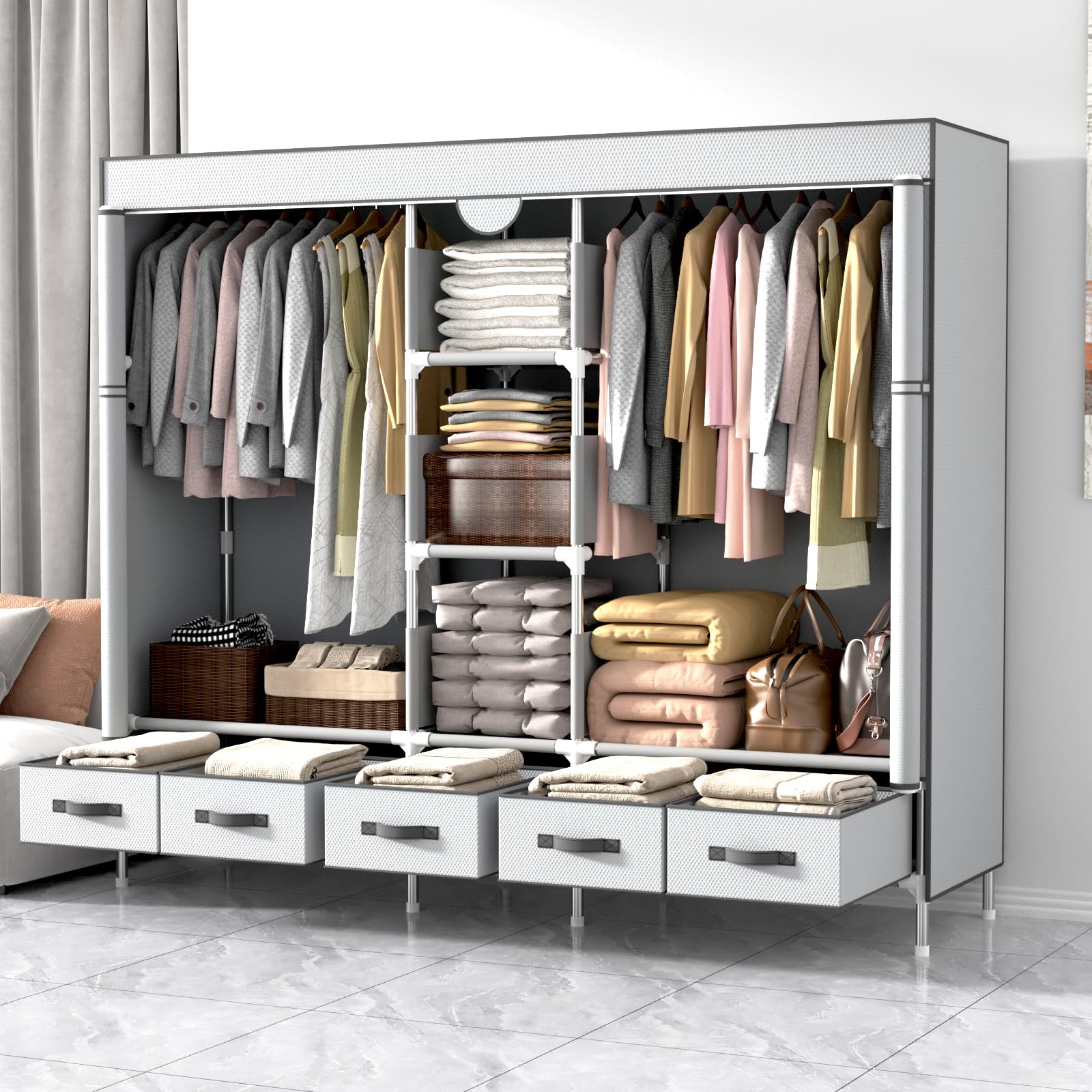 Anmas Power Kleiderschrank,Schlafzimmer Stoffschrank,Kleiderstander mit Schubladen,Faltbar Garderobe mit 2 Kleiderstange