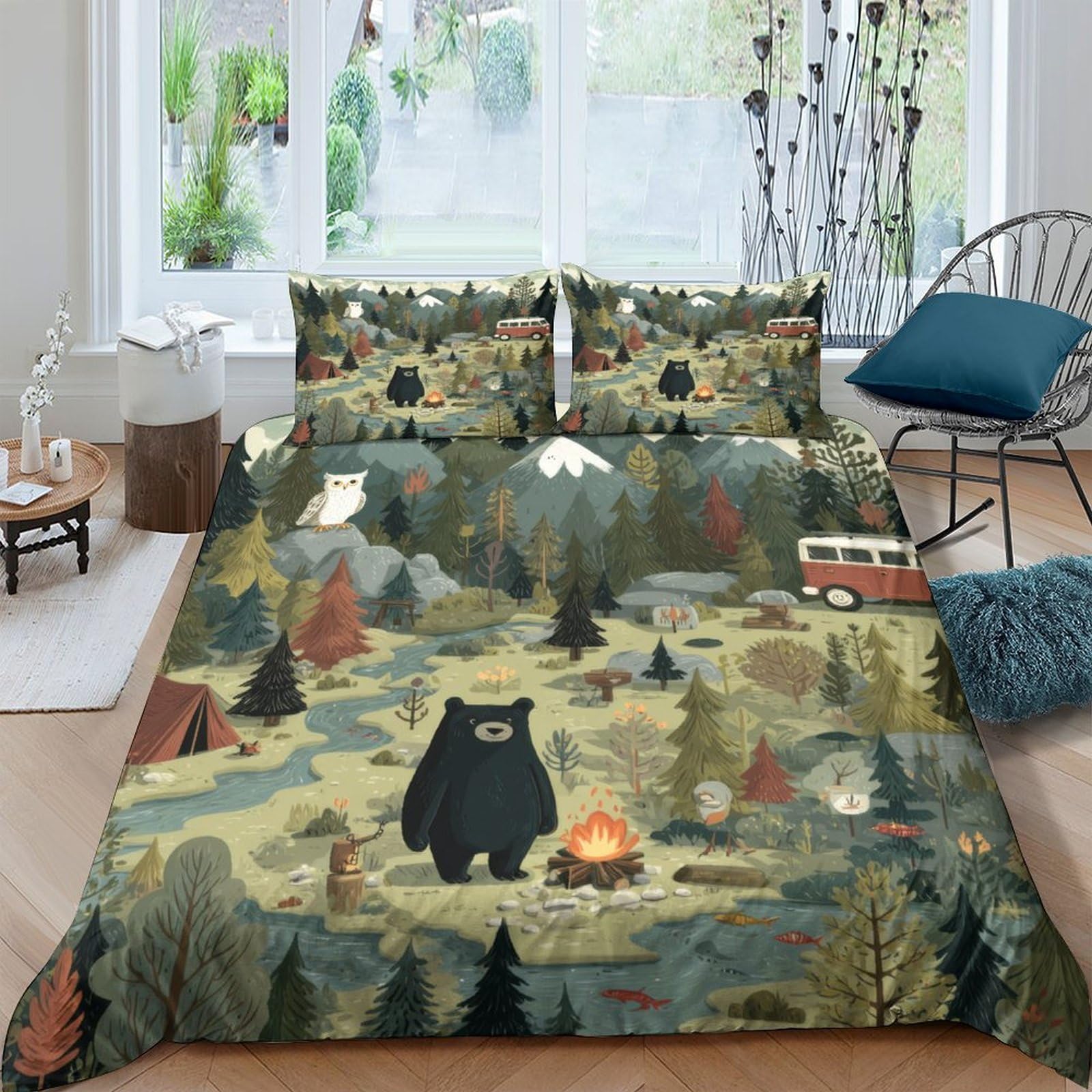 XFKLYNVCJ 3D Printed Forest Camping Bed Cover Premium Polyester Illustrated Nature Bedding Cover Machine Washable Shrink Resistant No Iron Soft Breathable for Guest Room Home Use Double（200x200cm）