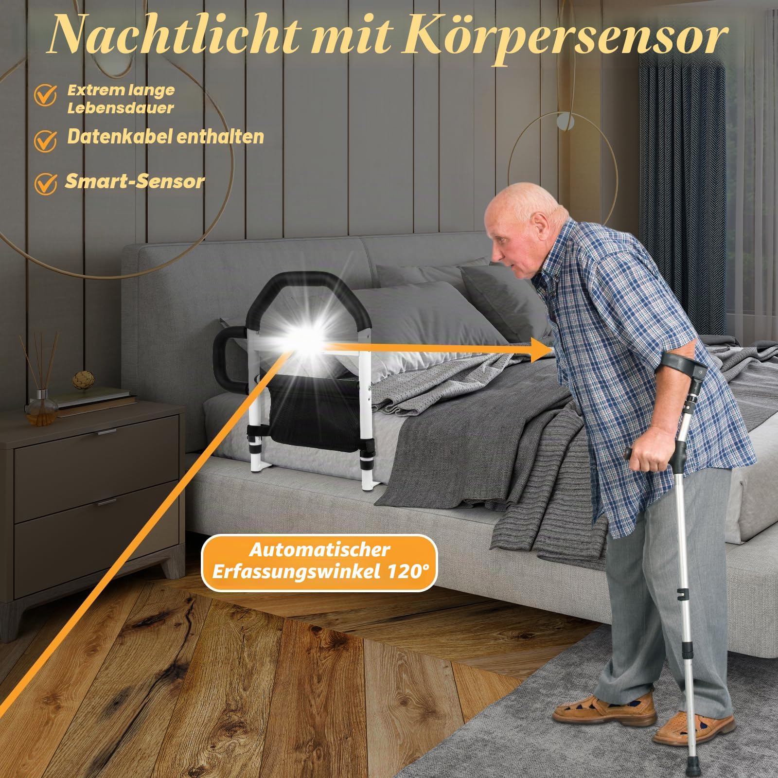 Standing Aid Bed for Seniors mit Licht & Aufbewahrungstasche, Grab Bars for Seniors, Height-Adjustable Grab Bar for Seniors, Safety & Stability, Suitable for Elderly, Disabled, Pregnant Women-Upgrade