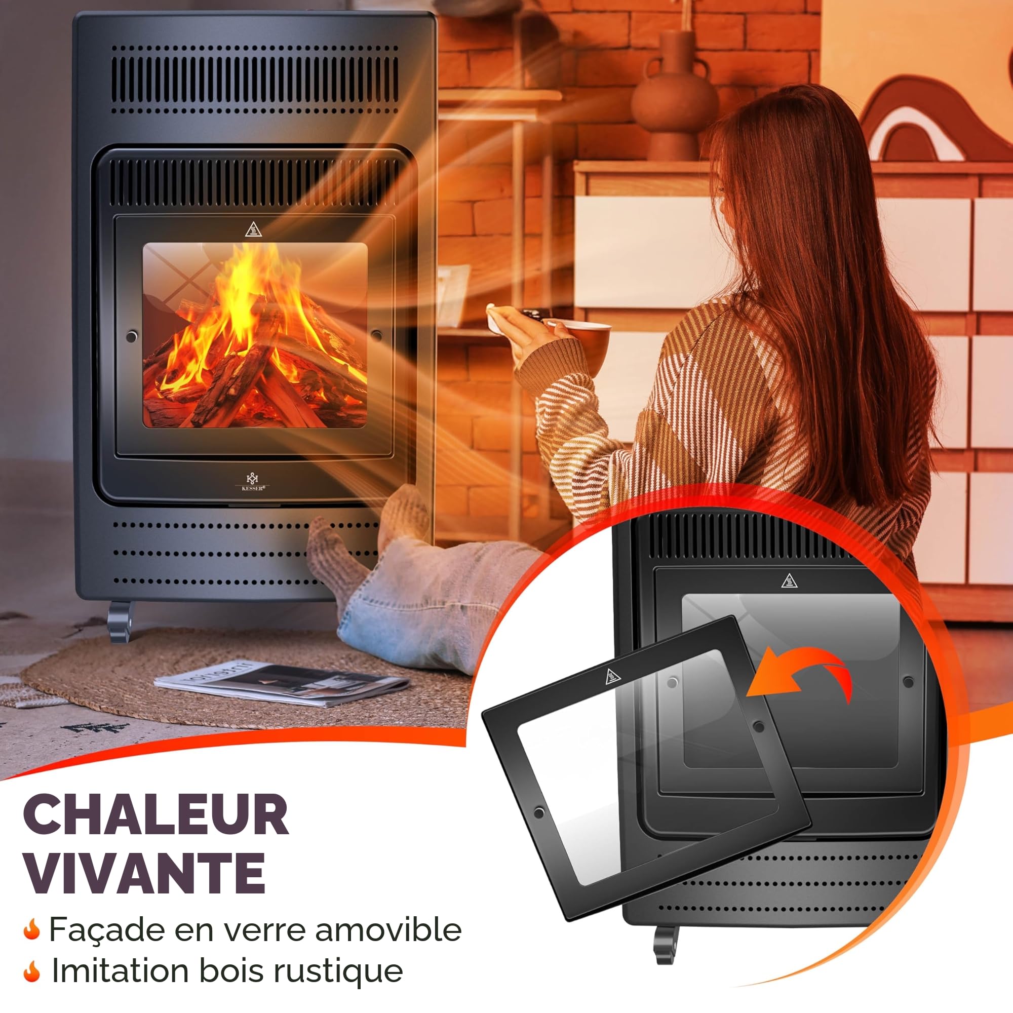 KESSER® Chauffage à gaz Poêle à gaz Radiateur infrarouge 3,4 k W Foyer au gaz 2 niveaux de chauffage infrarouge 3 400 W Chauffage radiant au gaz Bouteilles de butane ou de propane jusqu'à 11kg, noir
