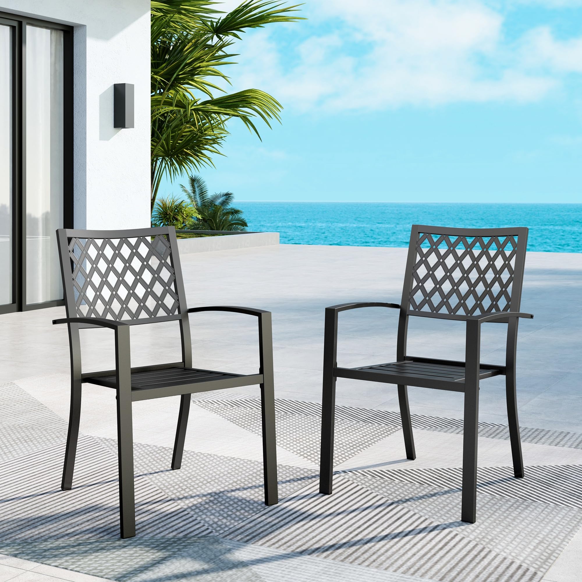MFSTUDIO Patio Chairs Set of 2, Metal Outdoor Dining Chairs, Black Wrought Iron Stackable Patio Dining Chairs for Deck Bistro Porch & Lawn