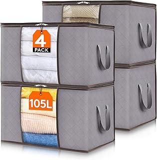 Lifewit 105L Storage Bag, Large Storage Box with Lid, Wardrobe Organiser with Moving Boxes, Reinforced Handle for Clothes, Clothes, Duvets, Bedding, Pack of 4, Light Grey