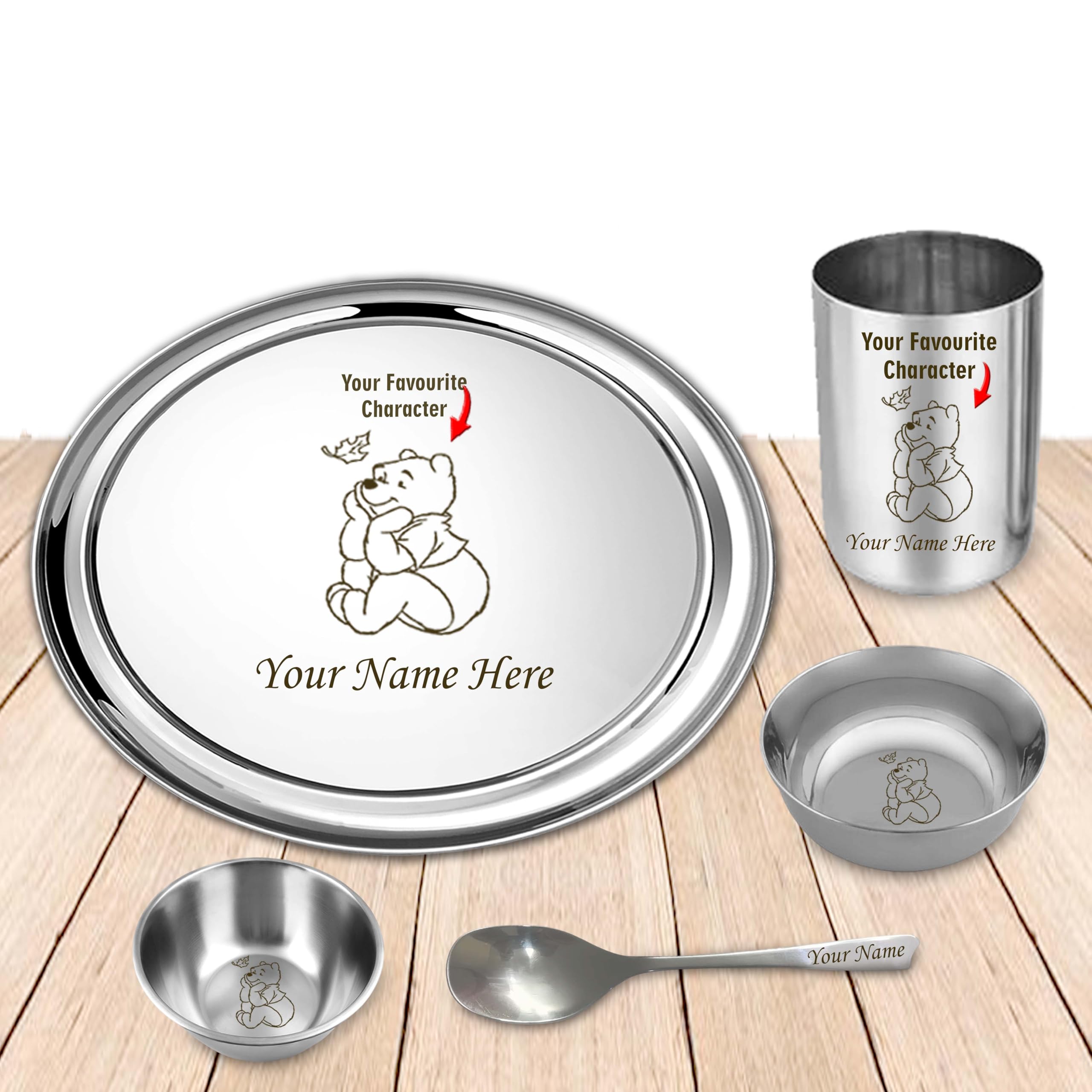 SAVRI Personalized Stainless Steel Kids Meal Set – Customized Name & Cartoon Motif Engraved – 6 Pcs Plate, Bowl, Spoon, Fork & Glass Combo – Best Gift for Kids, Boy, Girl, Birthdays & Return Gifts-image-36