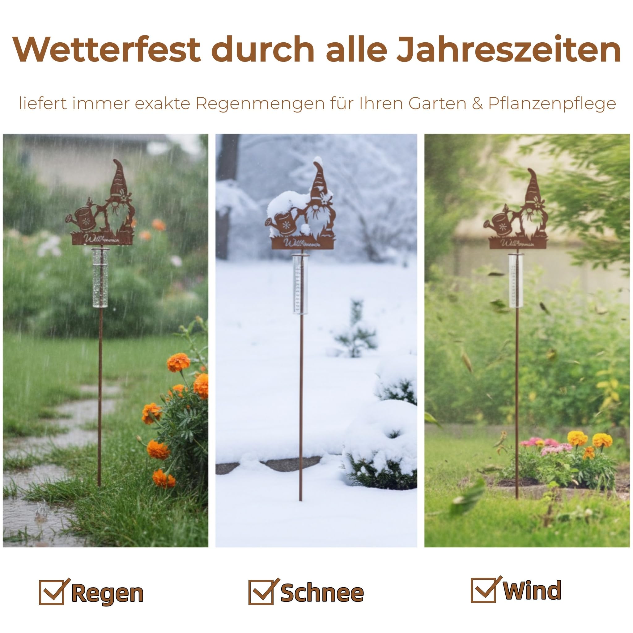 Regenmesser für Garten Dekorativer Niederschlagsmesser mit Erdspieß 100cm Hoch, Regenwassermesser Glas auf Gartenstecker, Willkommensschild & Zwerg Motiv