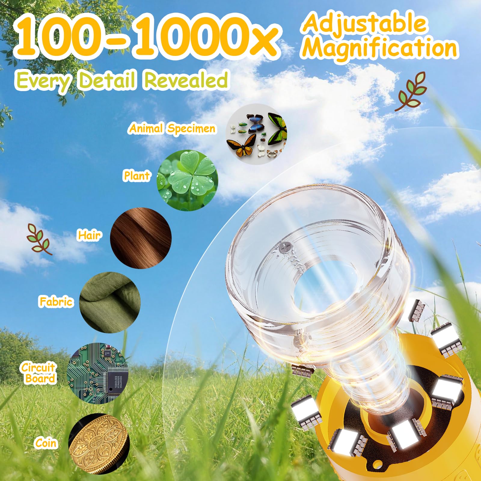 Microscope Enfant Portable 1000X – Microscope Numérique avec Écran IPS 2 Pouces et 8 LED, Fonction Photo & Vidéo, Cadeau d’Anniversaire Scientifique pour Garçons et Filles (Jaune)
