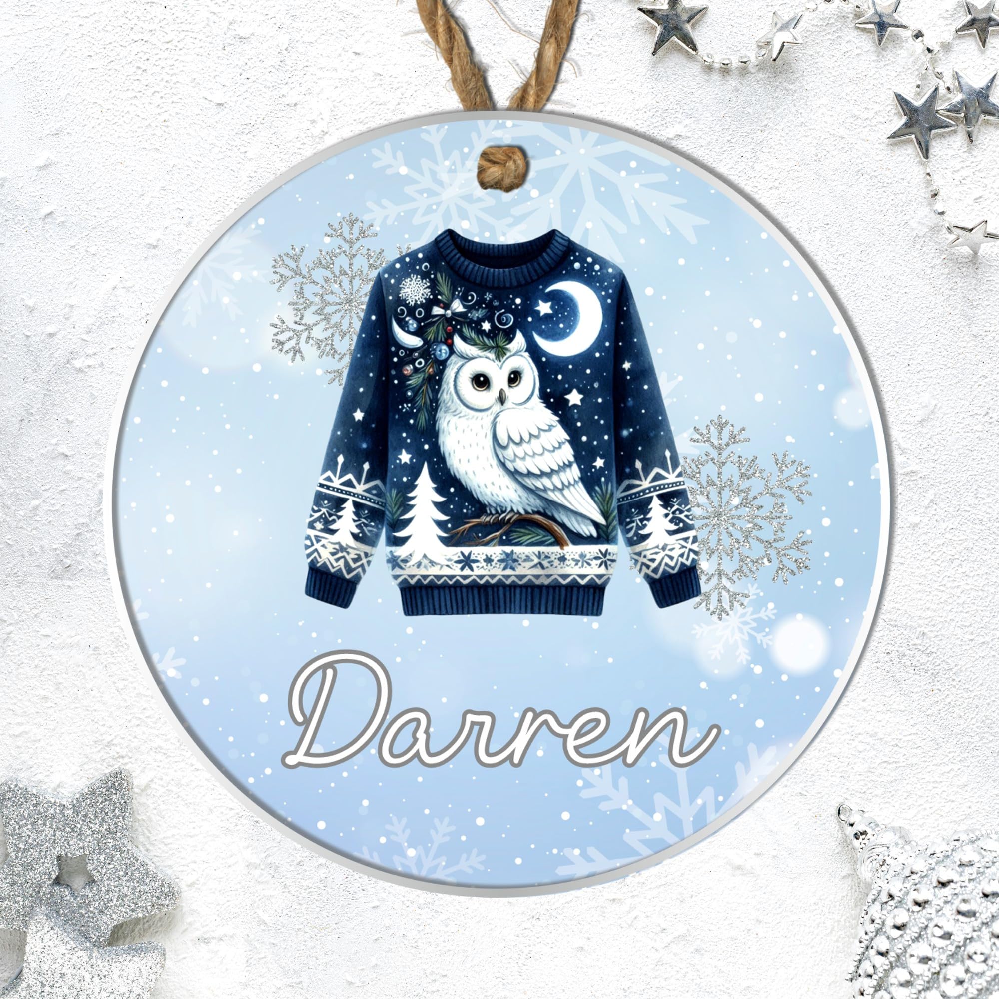 Bespoke Festive Jumper Hanging Bauble - Ugly Christmas Sweater Theme Decoration For Loved Ones Grandkids Festive Family Name Keepsake Gift (Owl, Acrylic - Indoor & Outdoor use)
