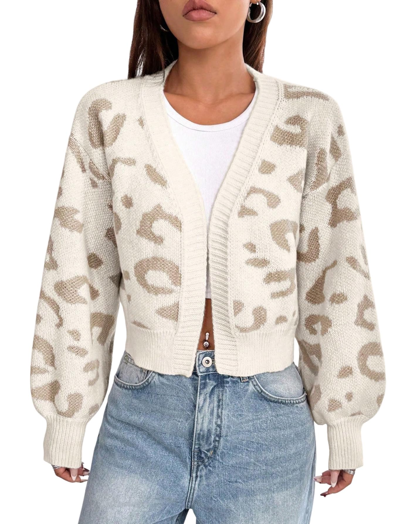 GORGLITTER Chaqueta de punto para mujer, corta, elegante, leopardo, parte superior, de punto, chaqueta de punto, manga larga, abrigo de punto de invierno, jersey de punto con cuello en V, chaleco de