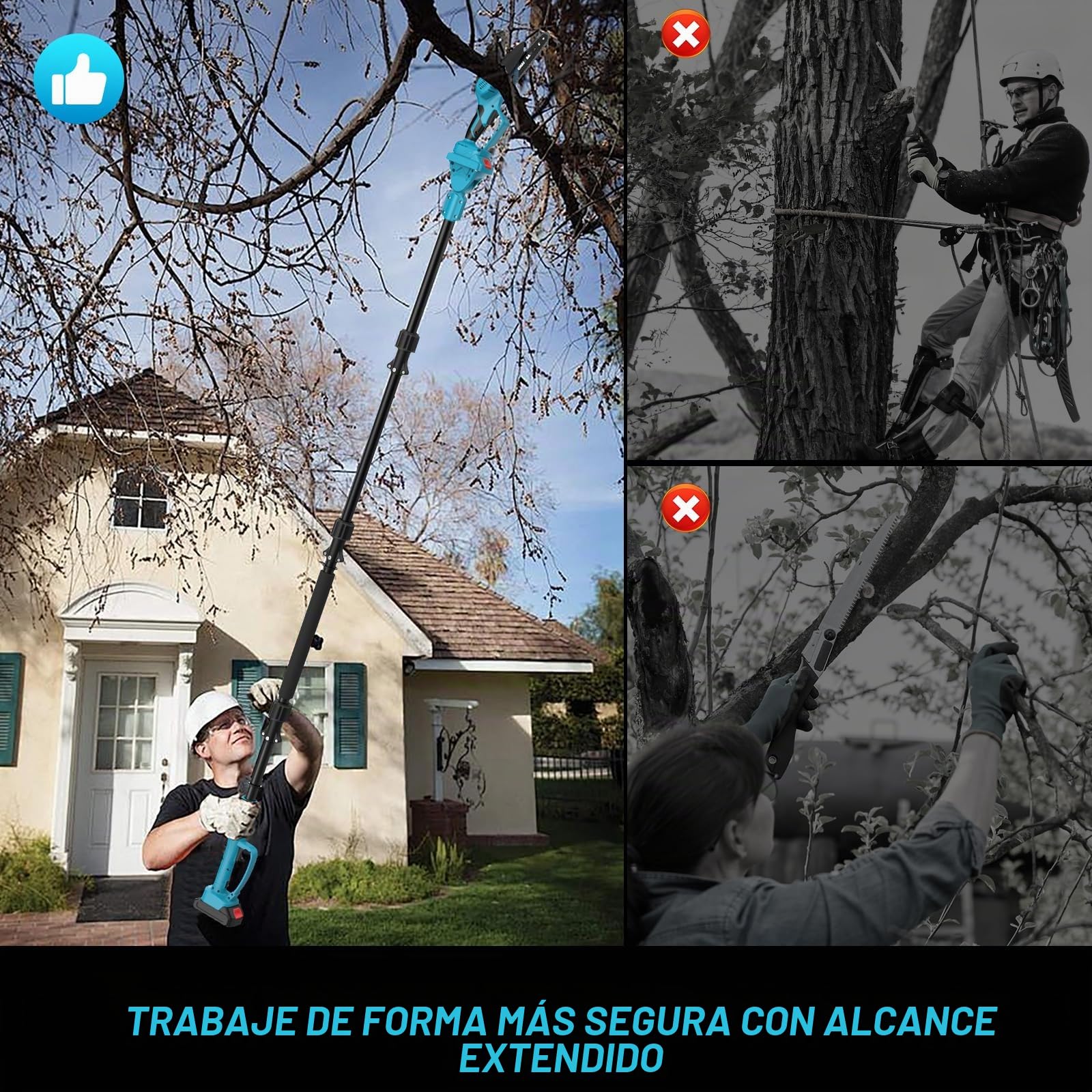 Kouamor Podadora telescópica con batería de 6 pulgadas, mini motosierra con 2 baterías de 4,0 Ah, 2 en 1 sin escobillas, sistema de aceite automático, depósito de aceite de 30 ml, longitud de trabajo