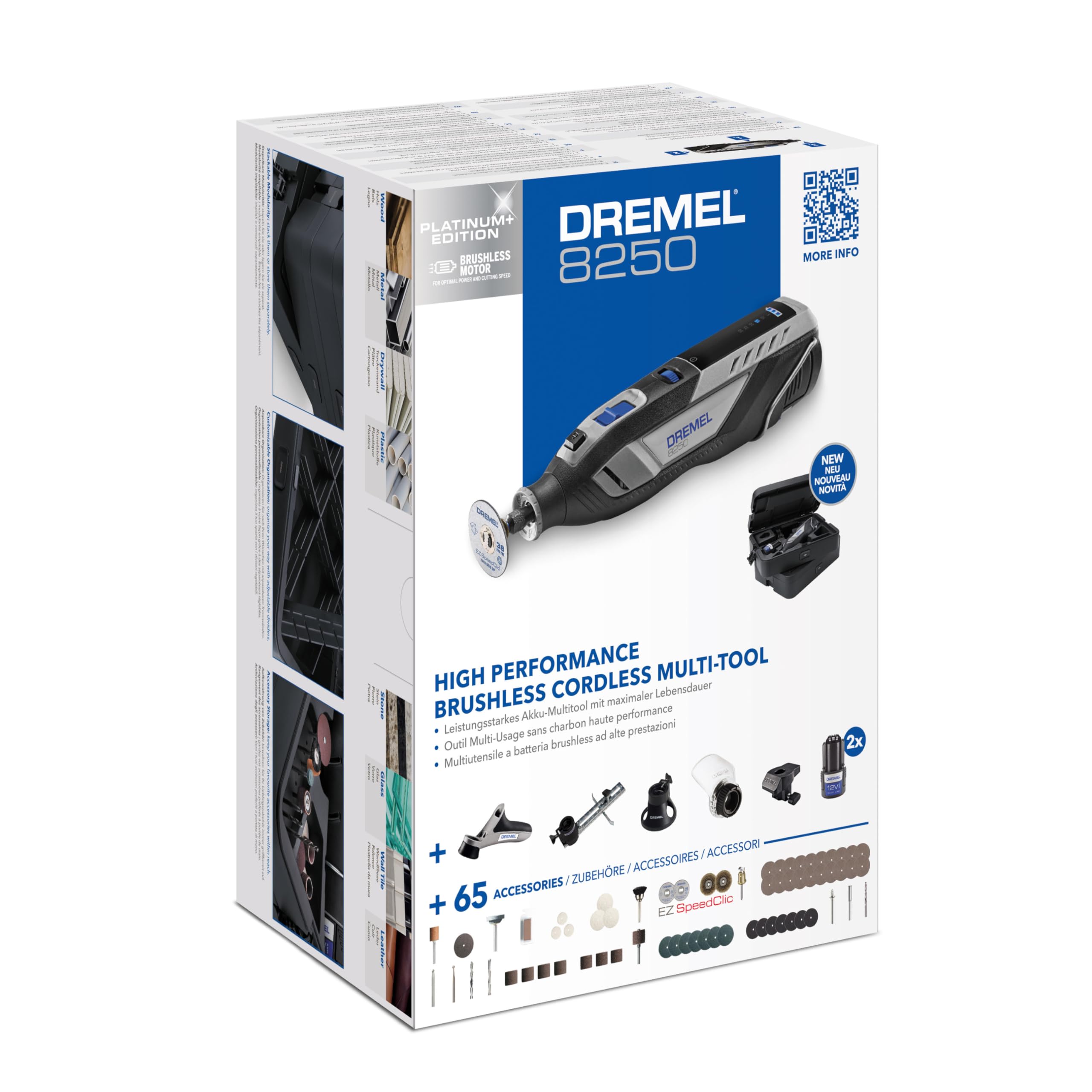 Dremel 8250 Multifunzione Rotativo Senza Fili 12V Brushless 5.000-30.000 giri/min con Dremel Box, 65 Accessori, 5 Accessori Aggiuntivi, 2 Batterie+Caricabatterie per Smerigliatura, Foratura, Fresatura