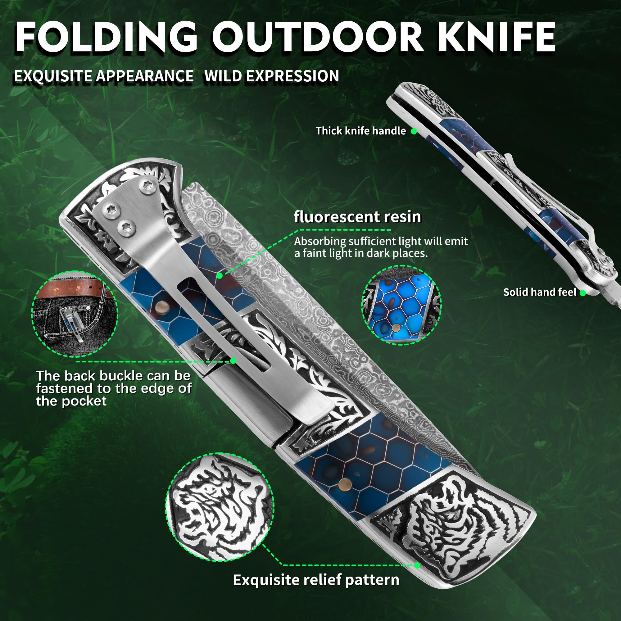 FULLHI 4“ Jagdmesser Damaszener Stahl Fluoreszierende Harz Griff Tasche Jagdmesser mit Clip und Fall Camping Wandern Survival (Blau)