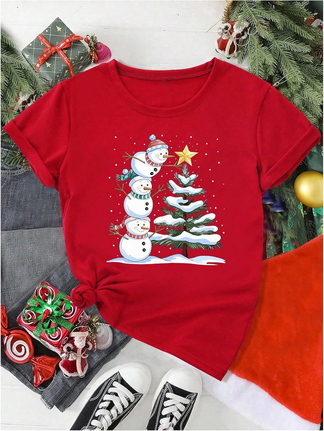 SweatyRocks Women's Christmas Tree Graphic Short Sleeve T Shirts Casual Crew Neck Going Out Tees - Image 2