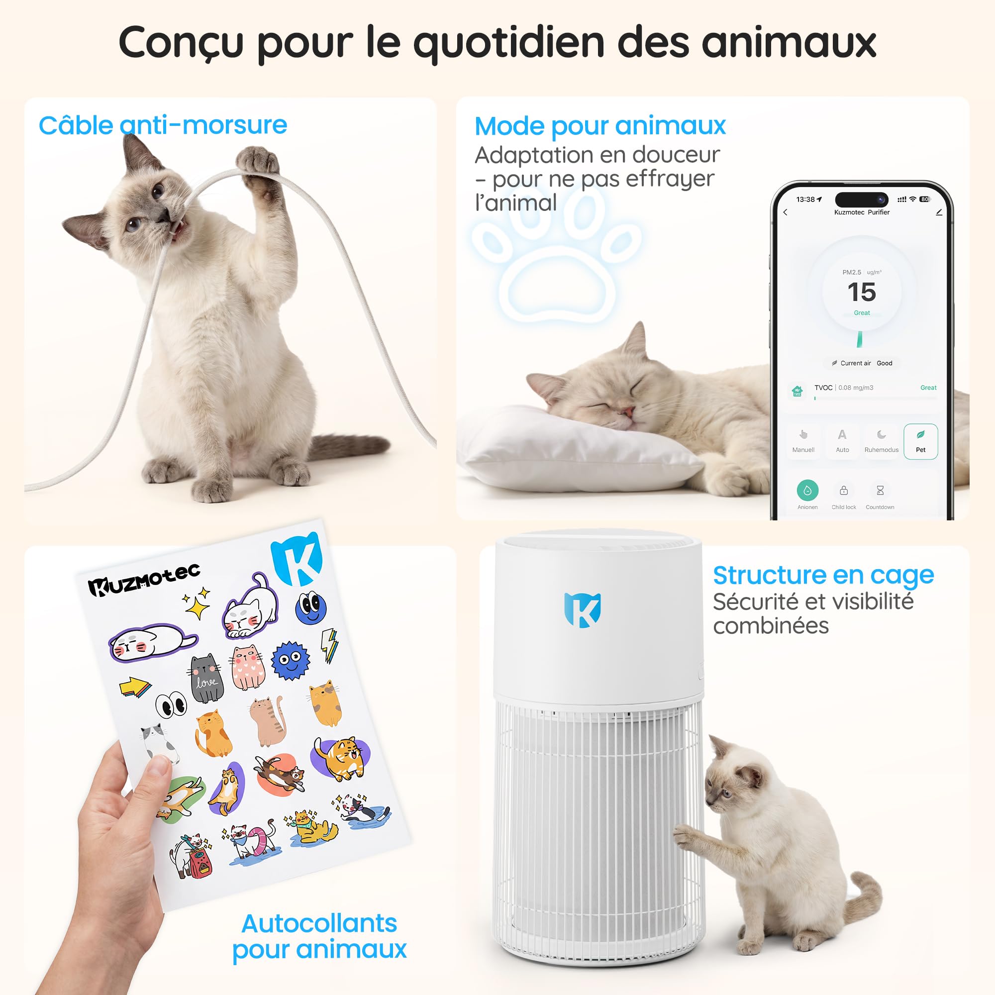 JUMMICO purificateur d'air pour animaux, air purifier intelligent avec filtre HEPA 4 étages, CADR 450 m³/h, filtre 99,97% allergènes comme poils d'animaux et particules fines, idéal pour animaux
